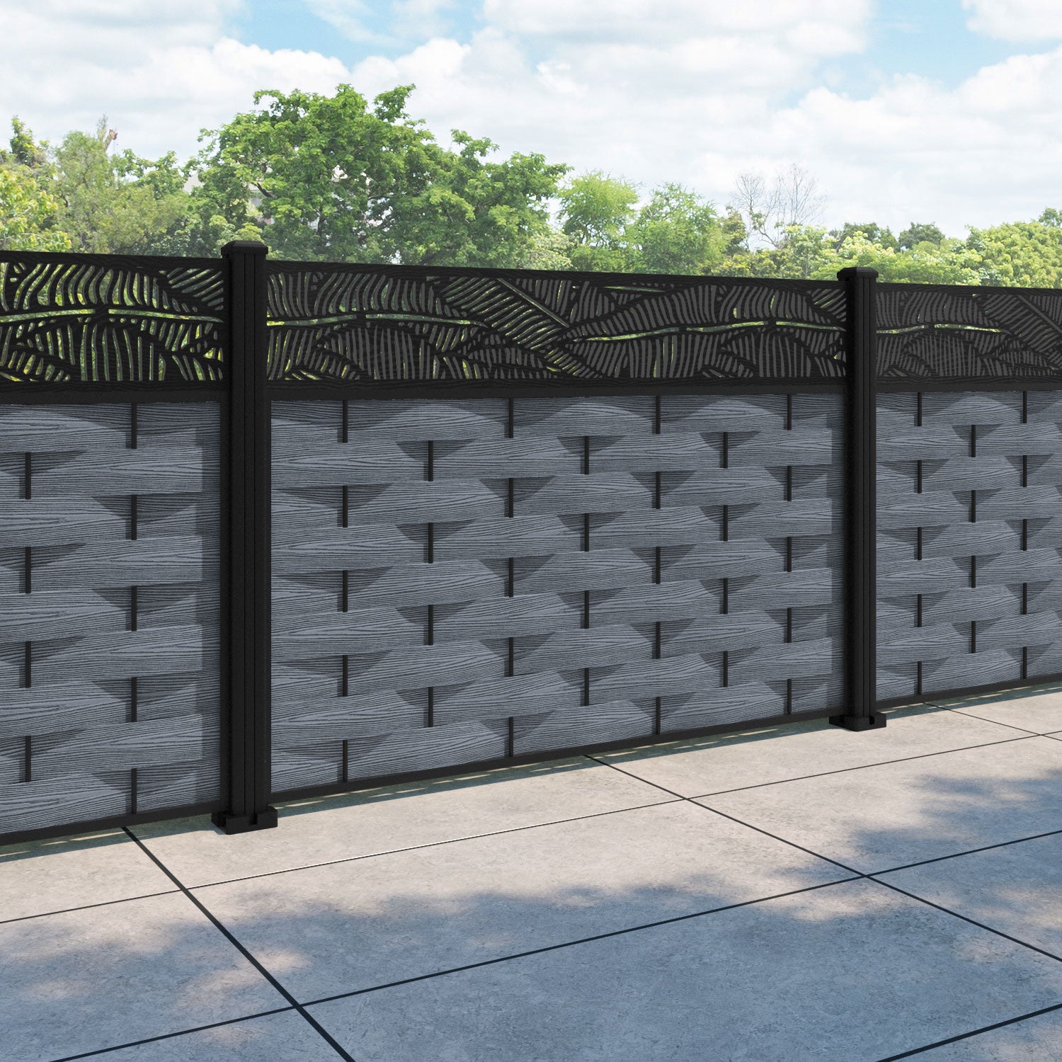 Ripple Feather Fence Panel - Anthracite - with our aluminium posts