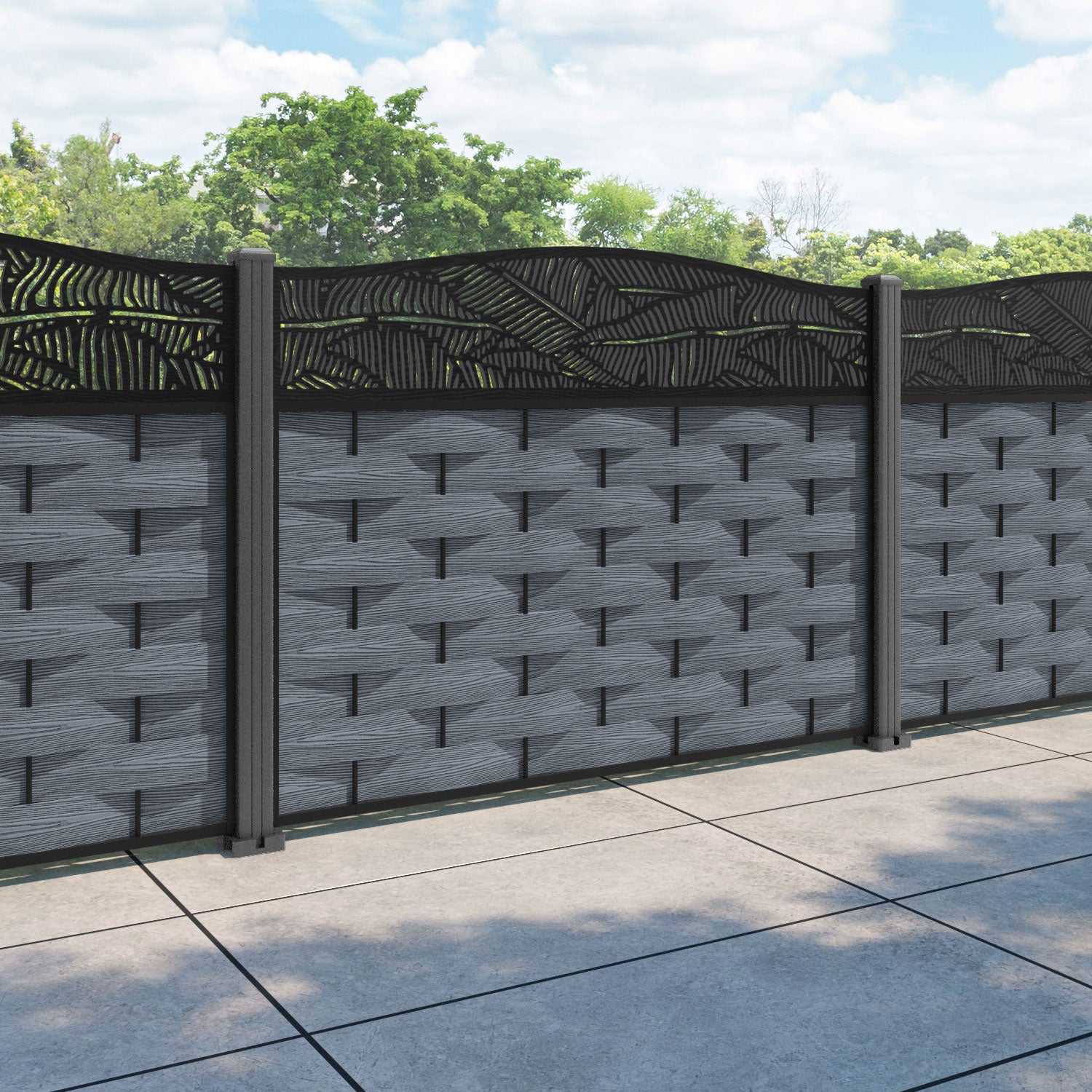 Ripple Feather Curved Top Fence Panel - Anthracite - with our aluminium posts