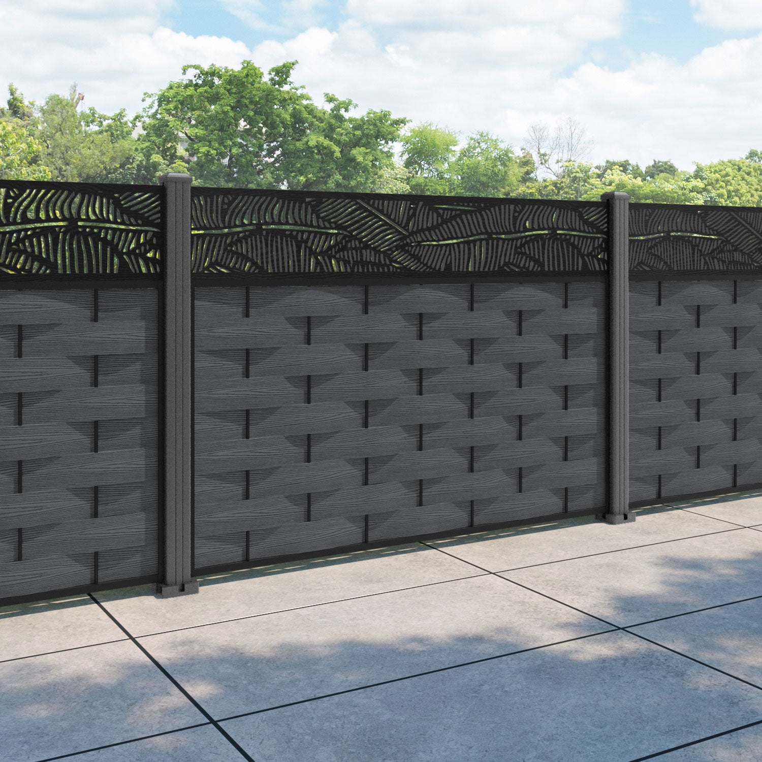 Ripple Feather Fence Panel - Dark Grey - with our aluminium posts