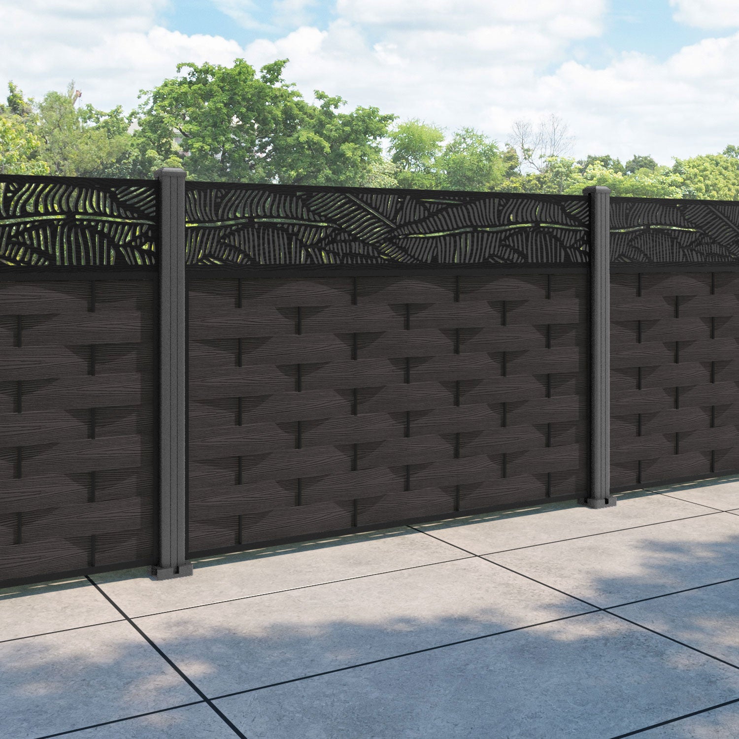 Ripple Feather Fence Panel - Dark Oak - with our aluminium posts