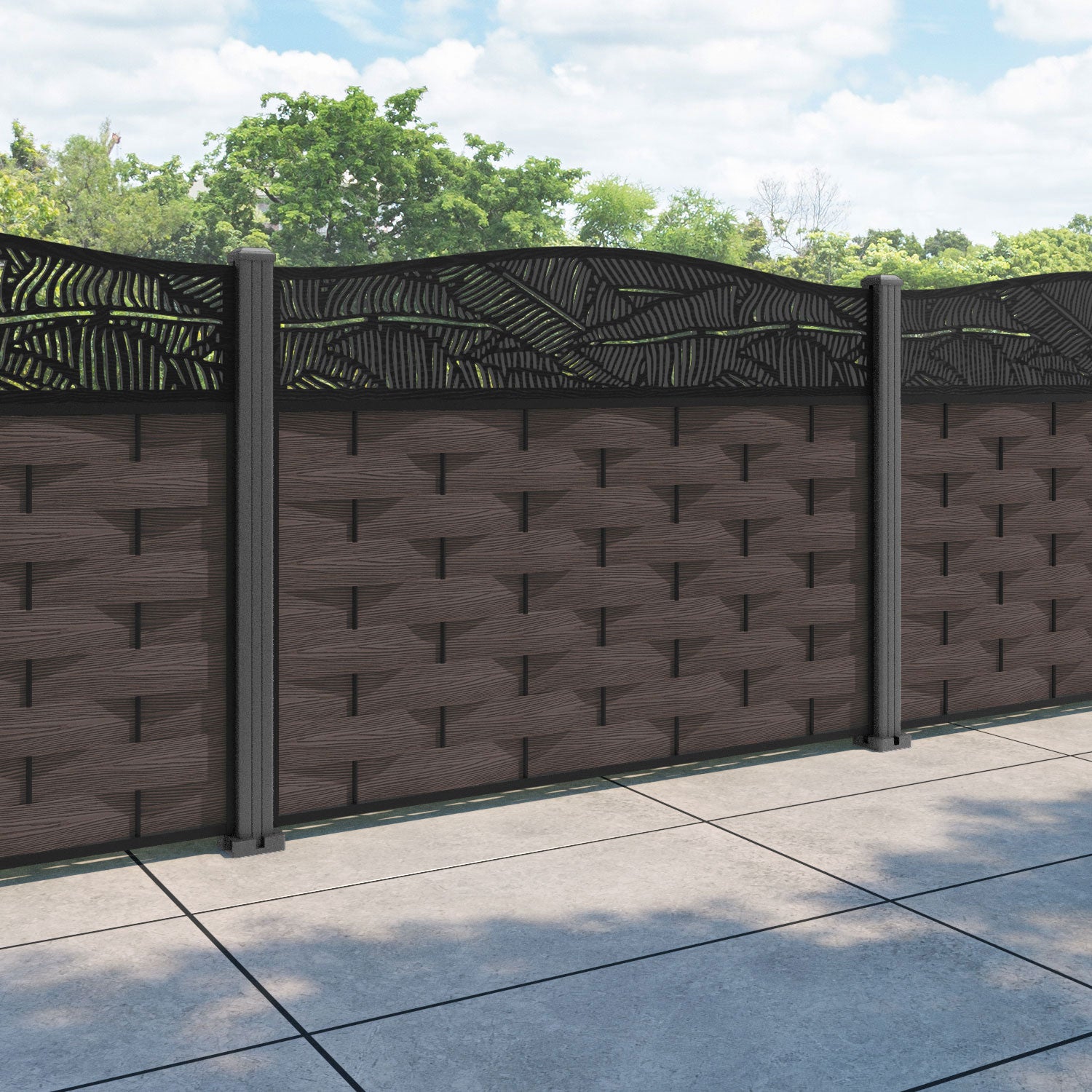 Ripple Feather Curved Top Fence Panel - Mid Brown - with our aluminium posts