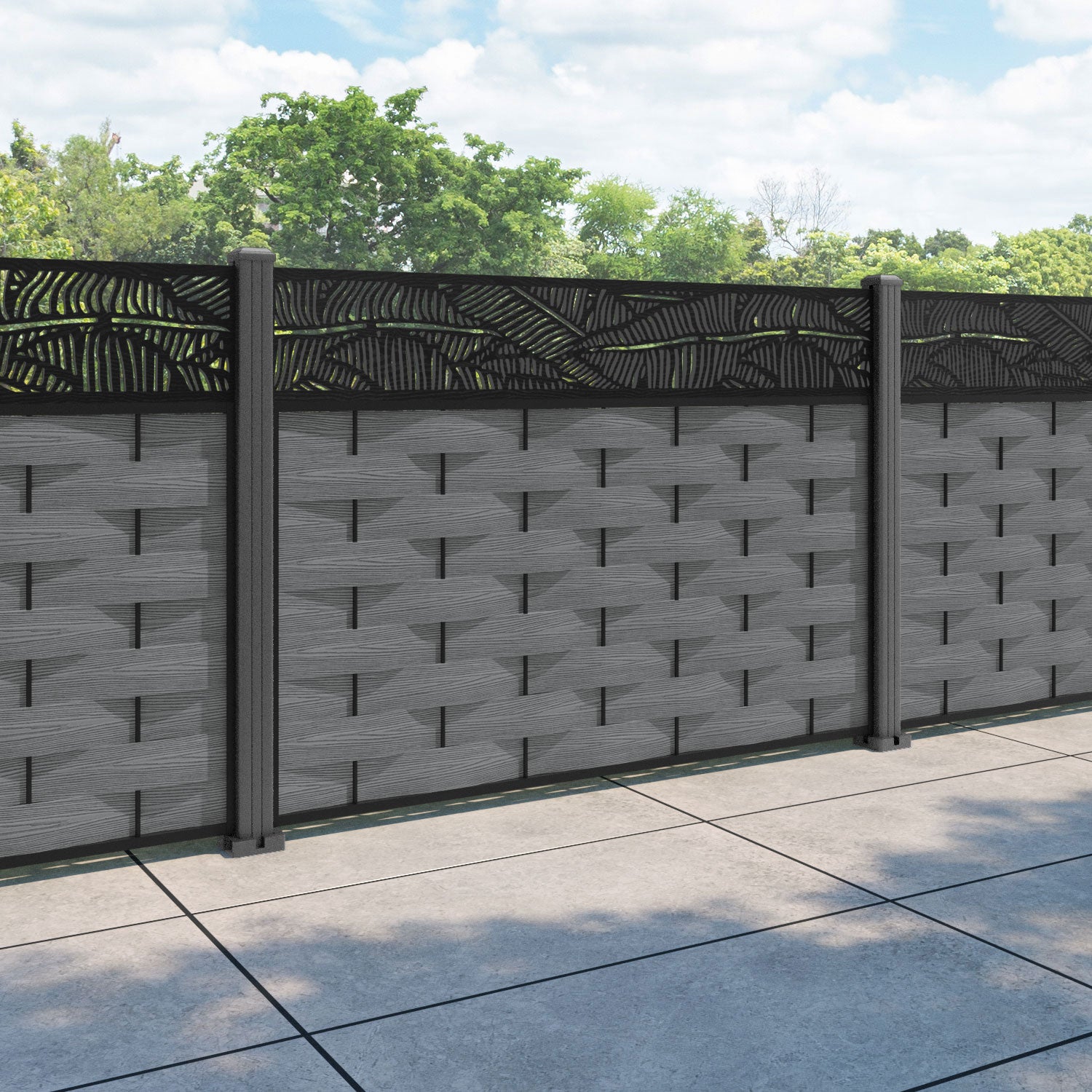 Ripple Feather Fence Panel - Mid Grey - with our aluminium posts