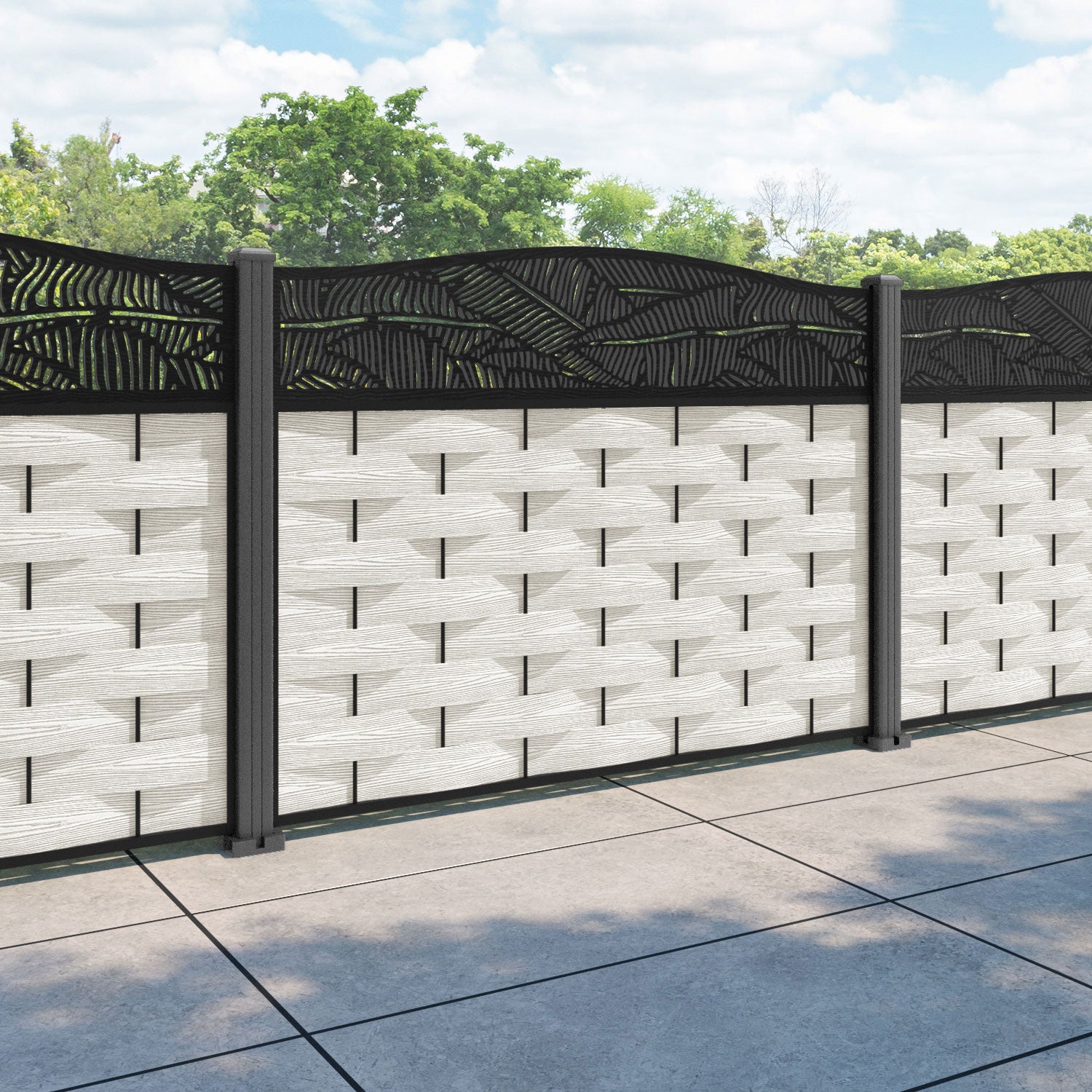 Ripple Feather Curved Top Fence Panel - Light Stone - with our aluminium posts