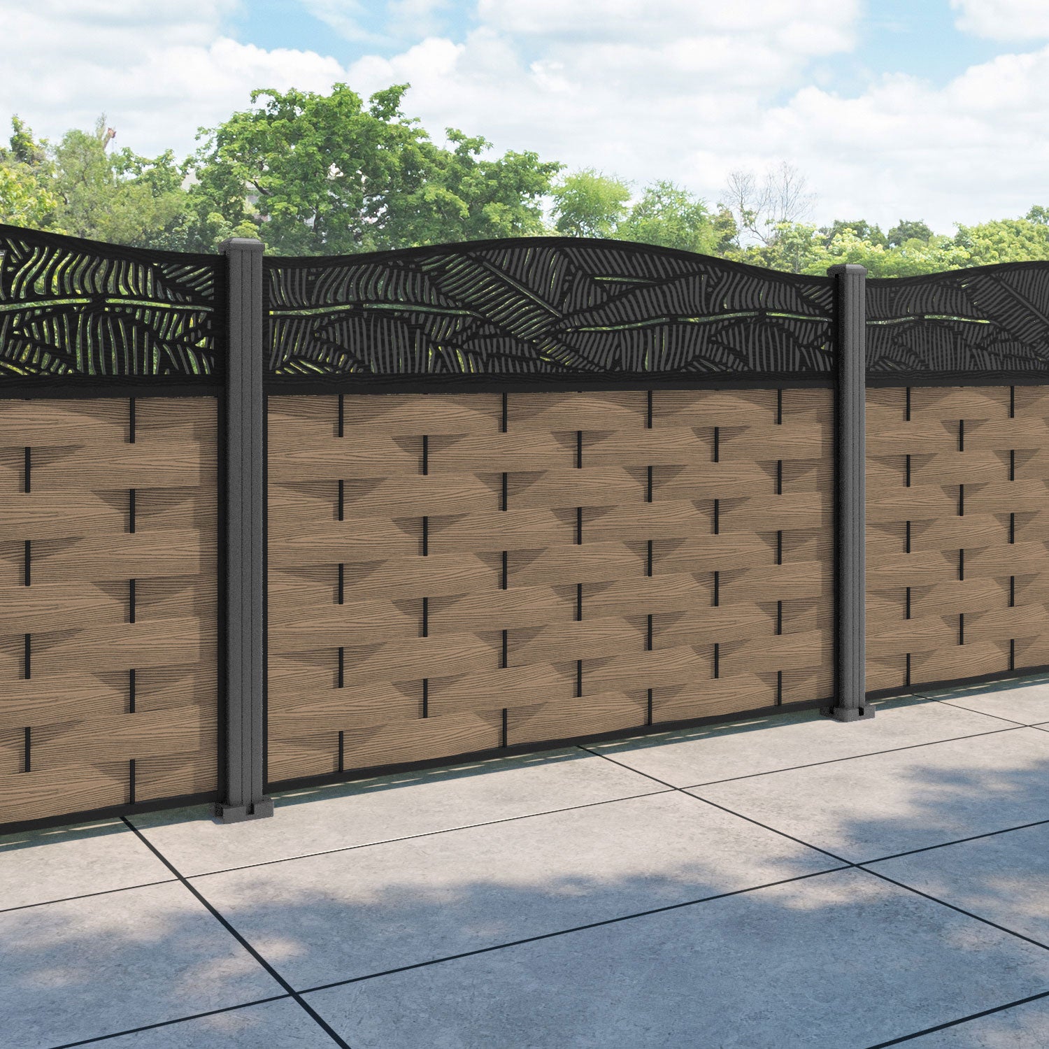 Ripple Feather Curved Top Fence Panel - Teak - with our aluminium posts