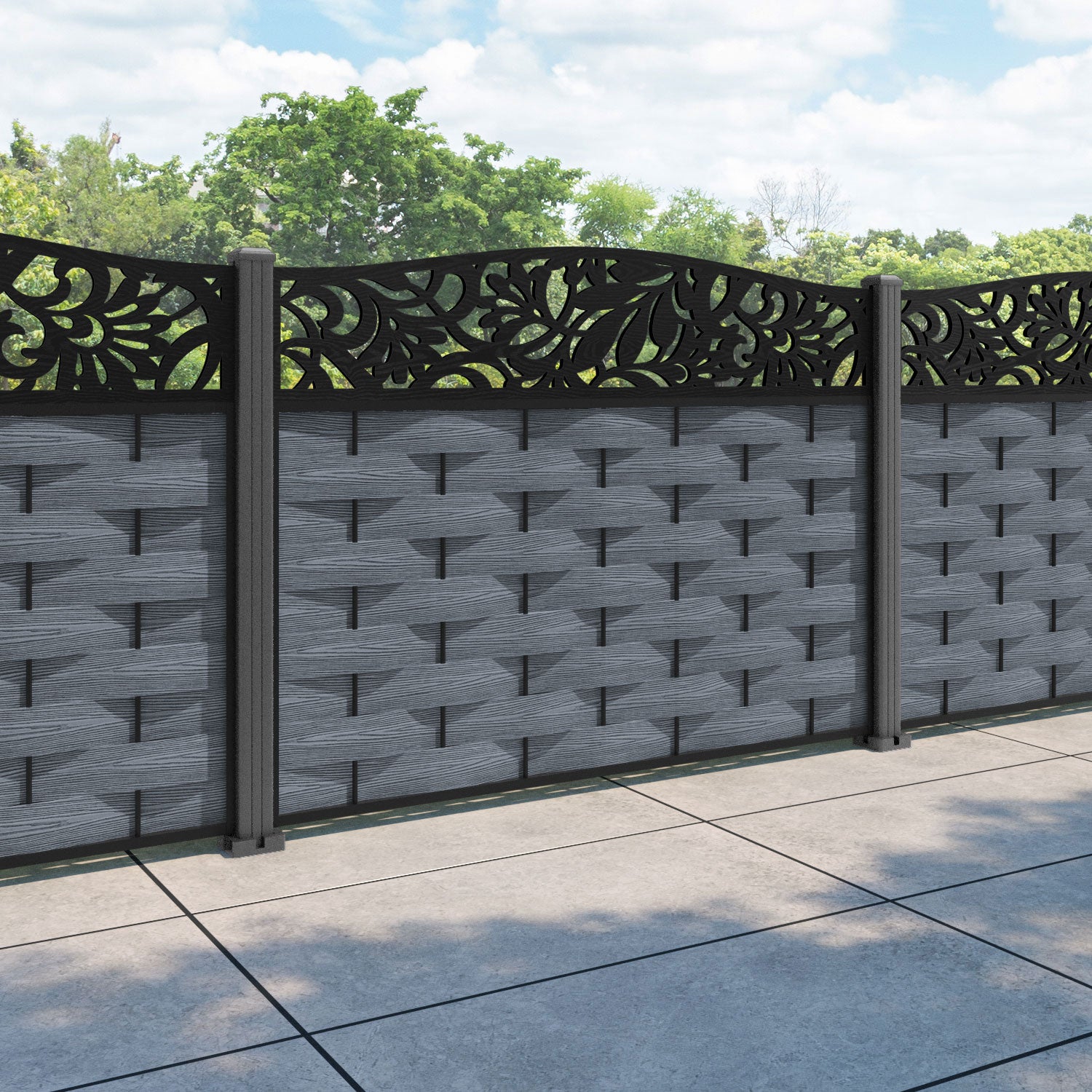 Ripple Heritage Curved Top Fence Panel - Anthracite - with our aluminium posts