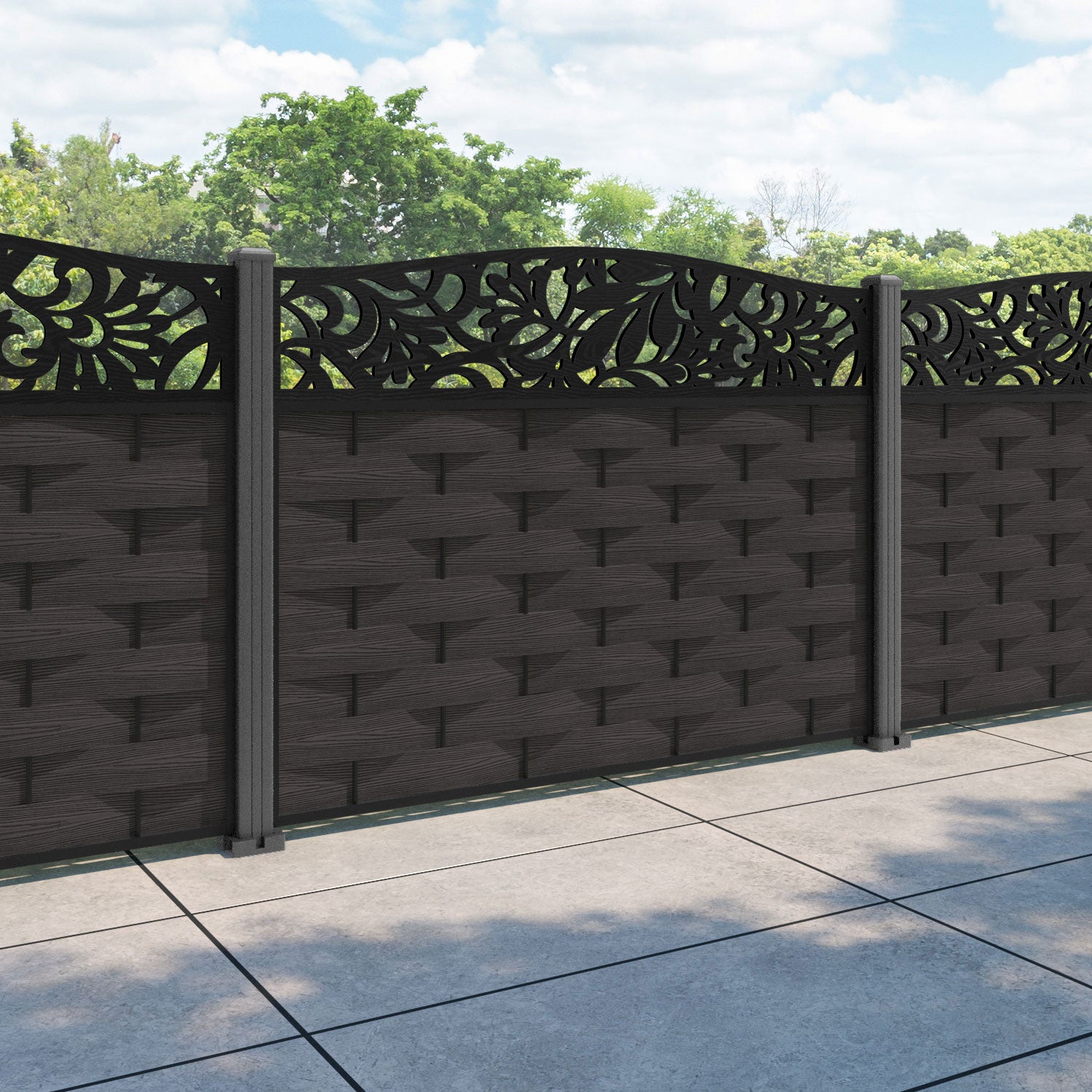 Ripple Heritage Curved Top Fence Panel - Dark Oak - with our aluminium posts