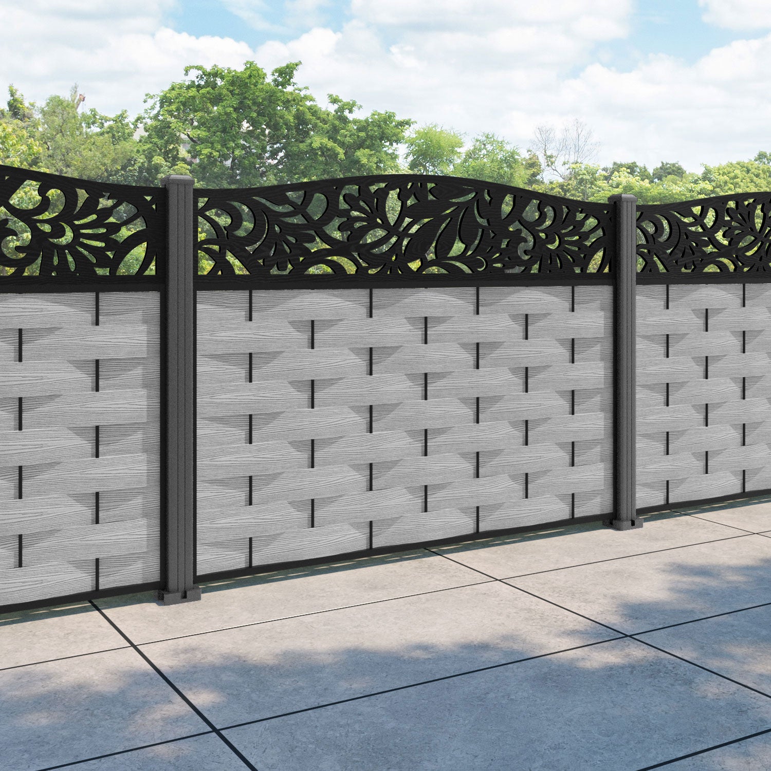 Ripple Heritage Curved Top Fence Panel - Light Grey - with our aluminium posts