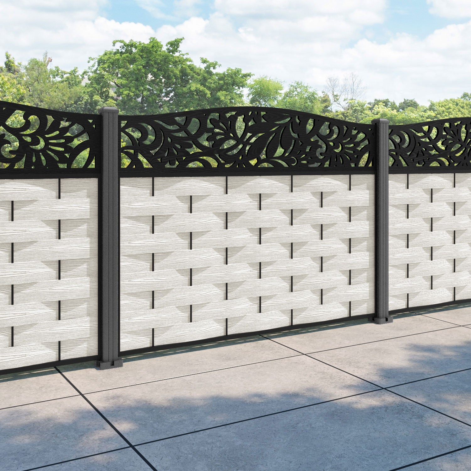 Ripple Heritage Curved Top Fence Panel - Light Stone - with our aluminium posts