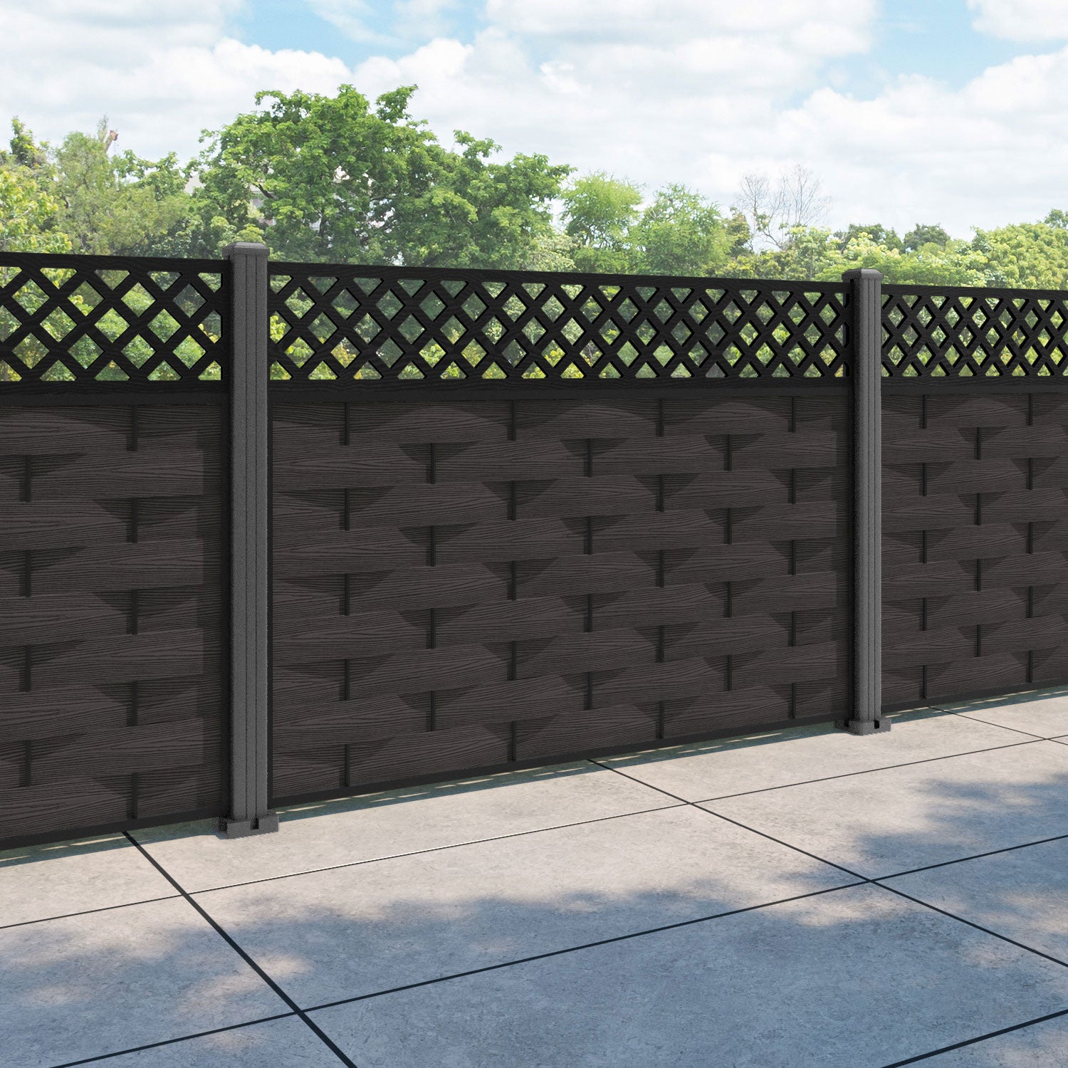 Ripple Hive Fence Panel - Dark Oak - with our aluminium posts