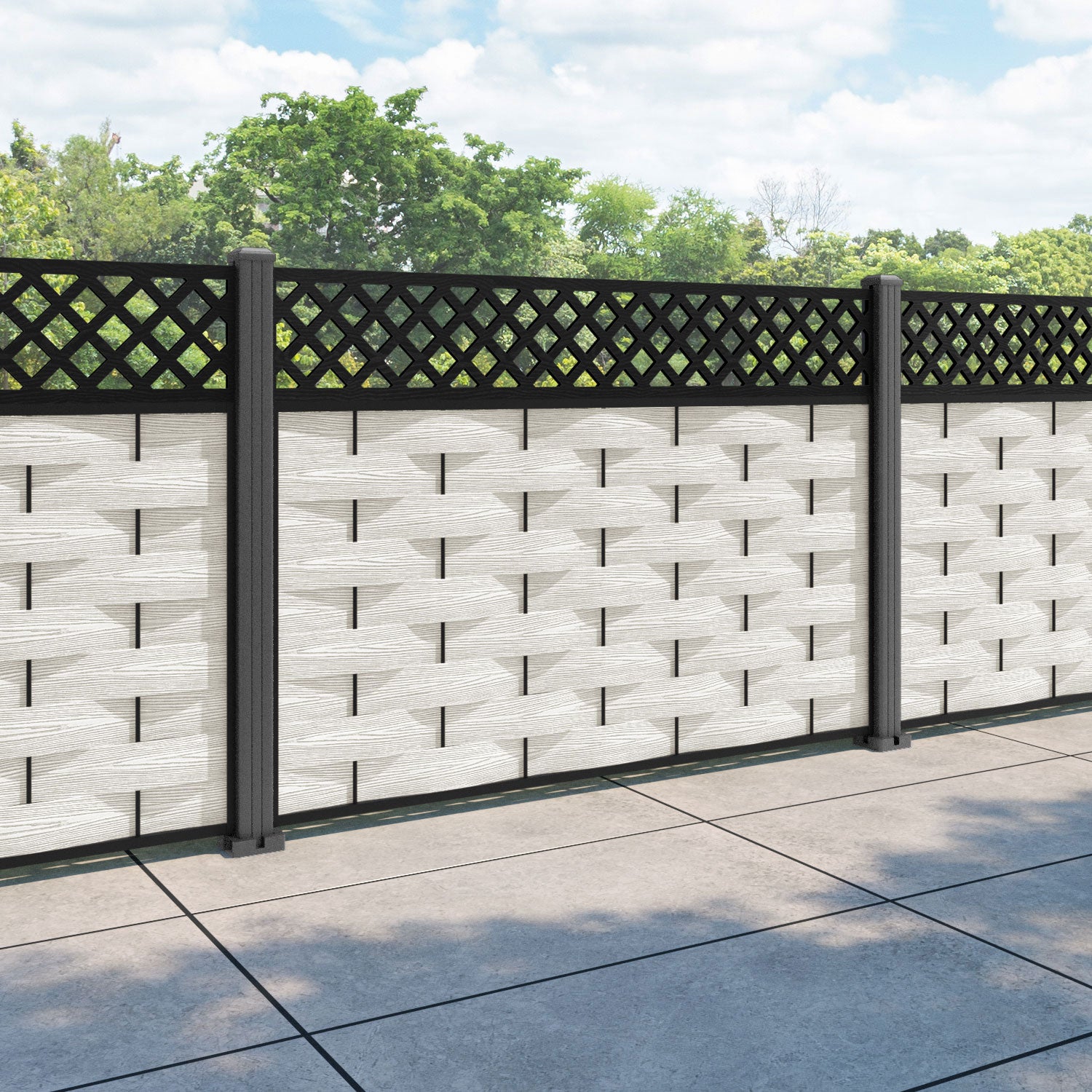 Ripple Hive Fence Panel - Light Stone - with our aluminium posts