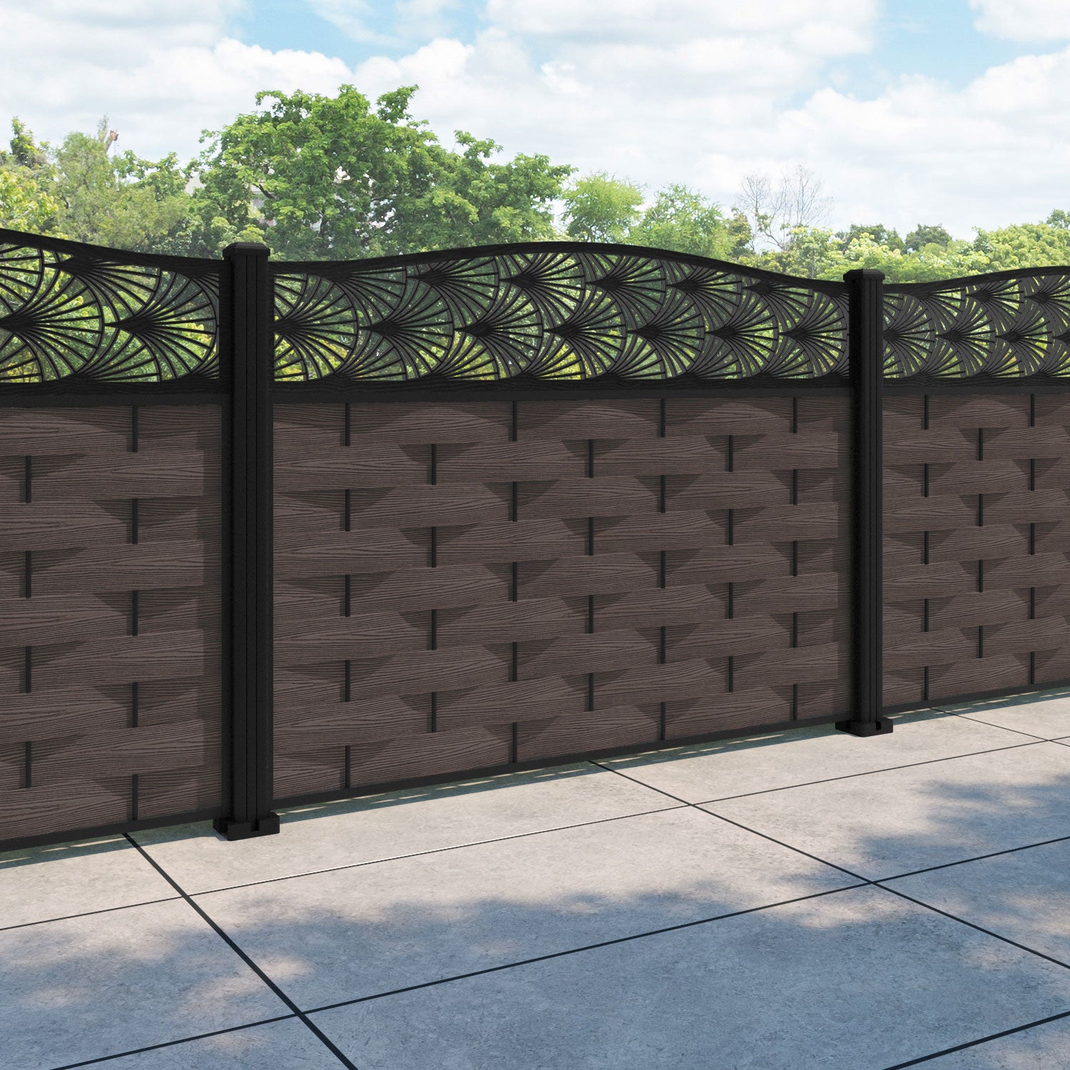 Ripple Laurel Curved Top Fence Panel - Mid Brown - with our aluminium posts