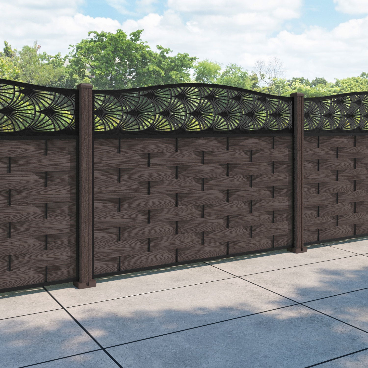 Ripple Laurel Curved Top Fence Panel - Mid Brown - with our composite posts
