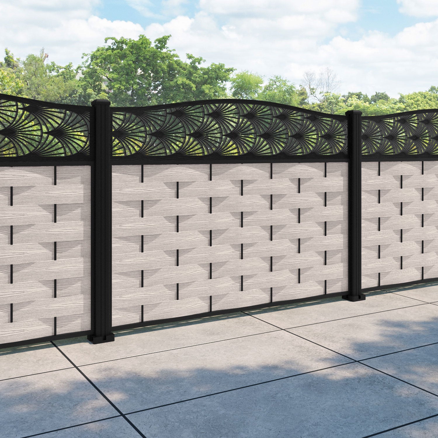 Ripple Laurel Curved Top Fence Panel - Mid Stone - with our aluminium posts