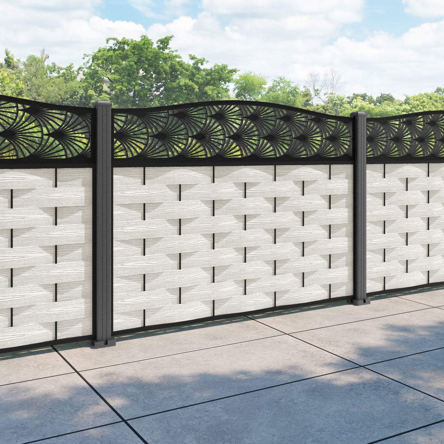 Ripple Laurel Curved Top Fence Panel - Light Stone - with our aluminium posts