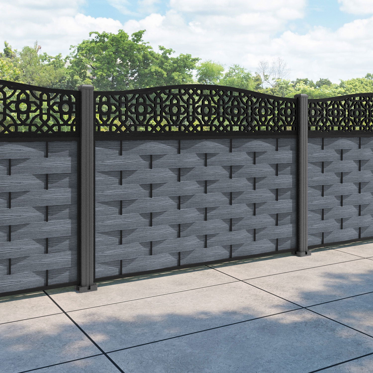 Ripple Nabila Curved Top Fence Panel - Anthracite - with our aluminium posts
