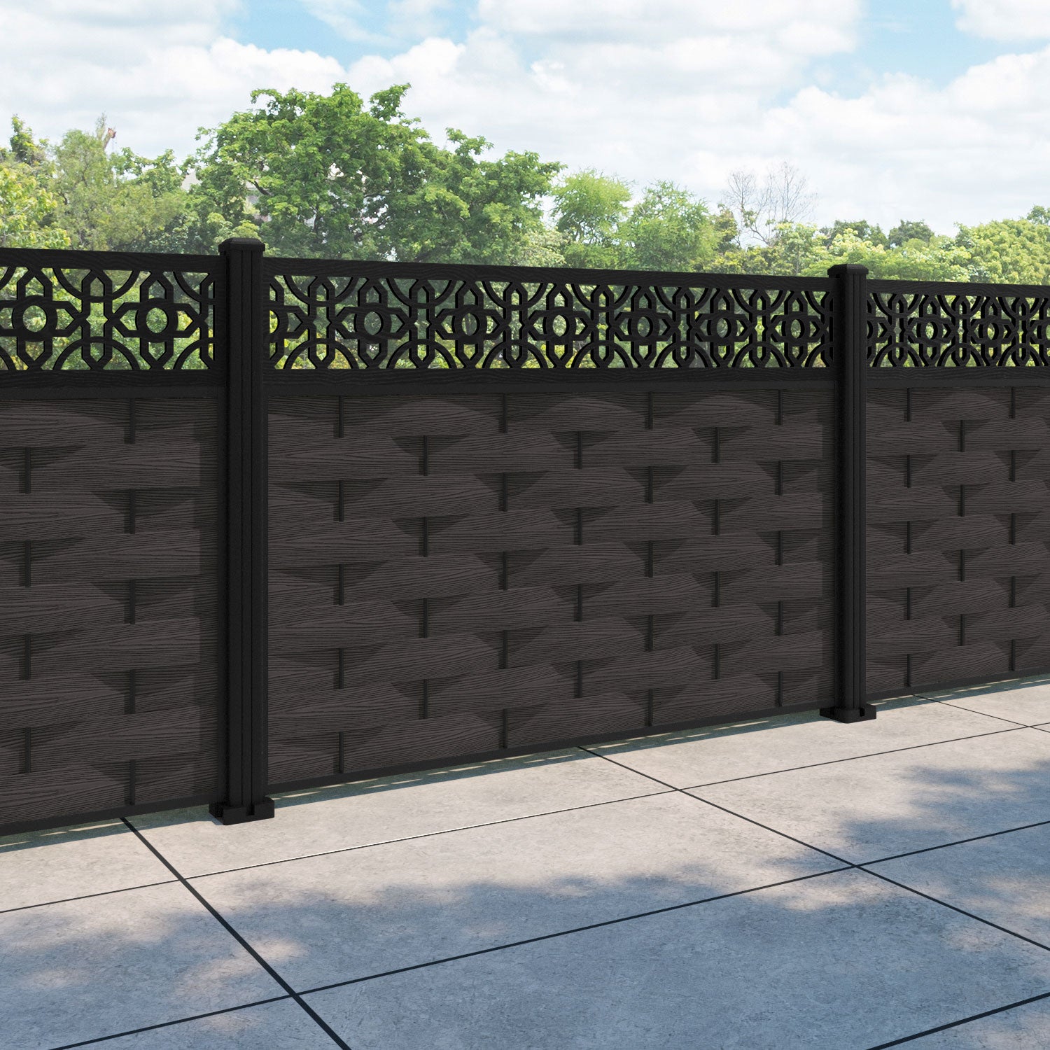 Ripple Nabila Fence Panel - Dark Oak - with our aluminium posts