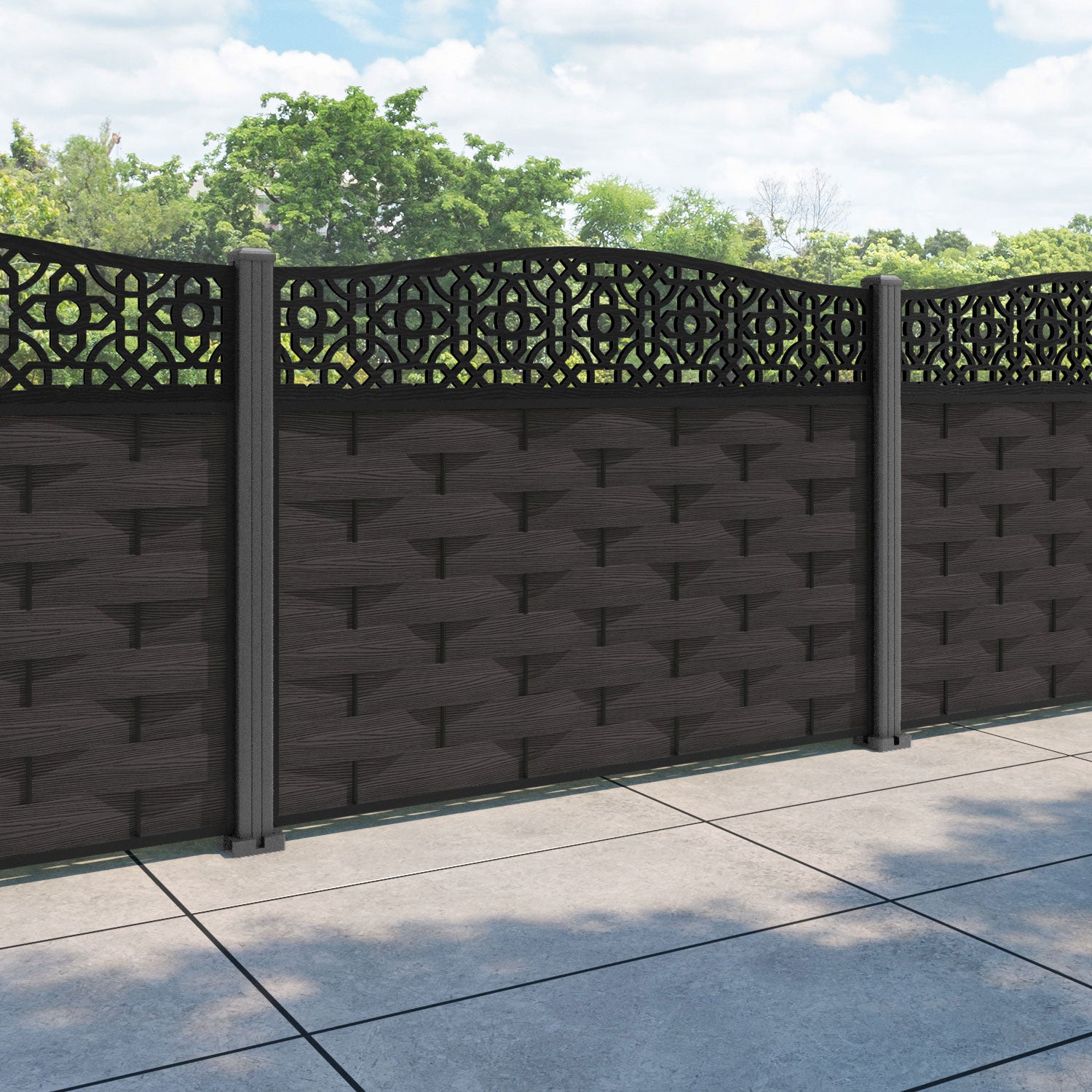 Ripple Nabila Curved Top Fence Panel - Dark Oak - with our aluminium posts