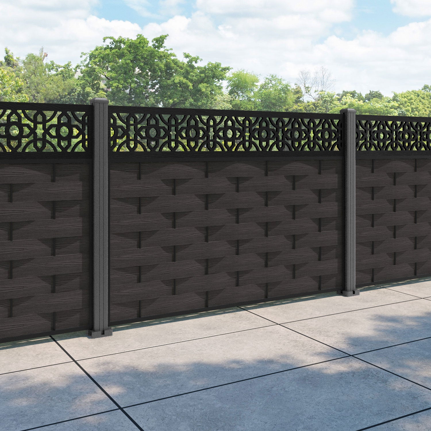 Ripple Nabila Fence Panel - Dark Oak - with our aluminium posts
