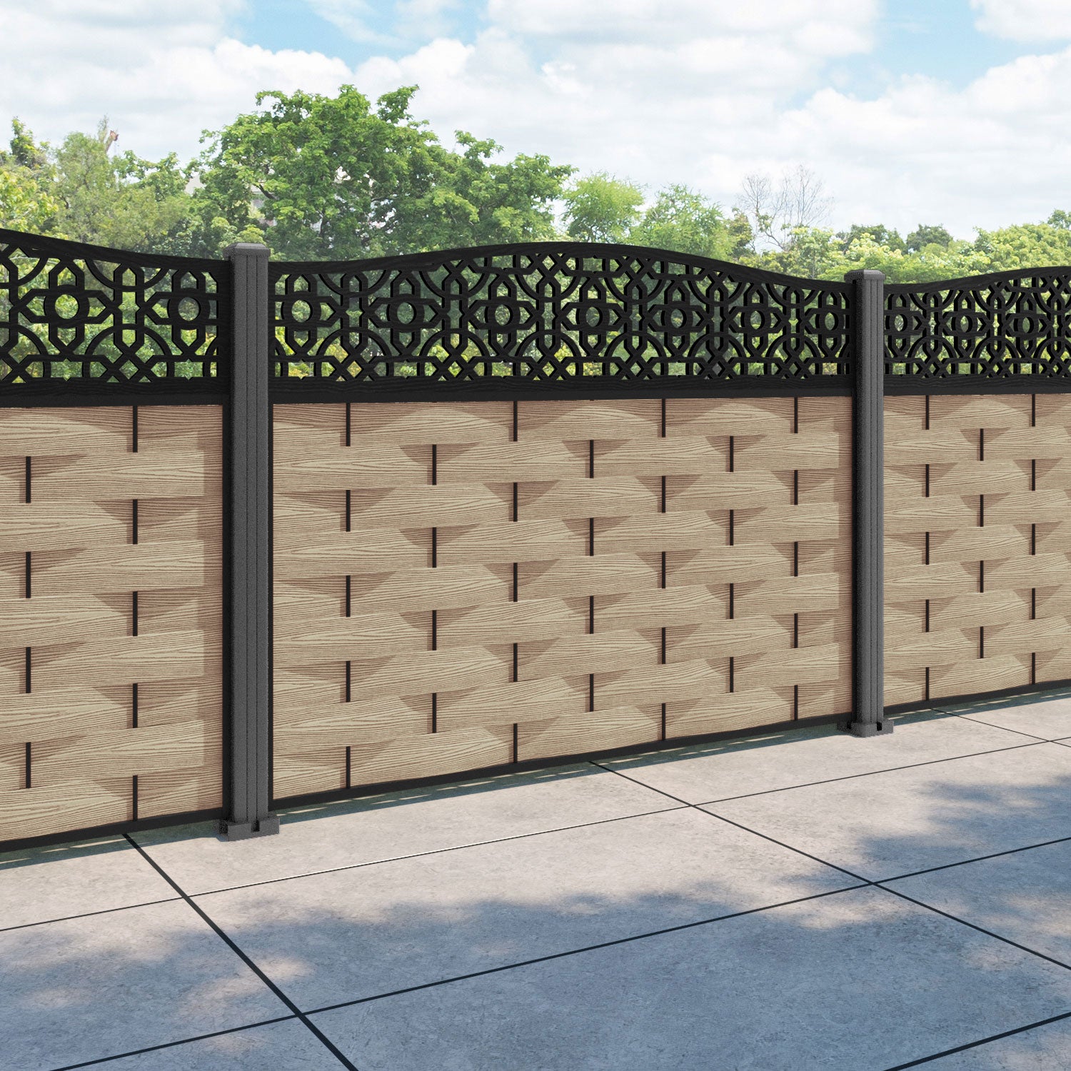 Ripple Nabila Curved Top Fence Panel - Light Oak - with our aluminium posts