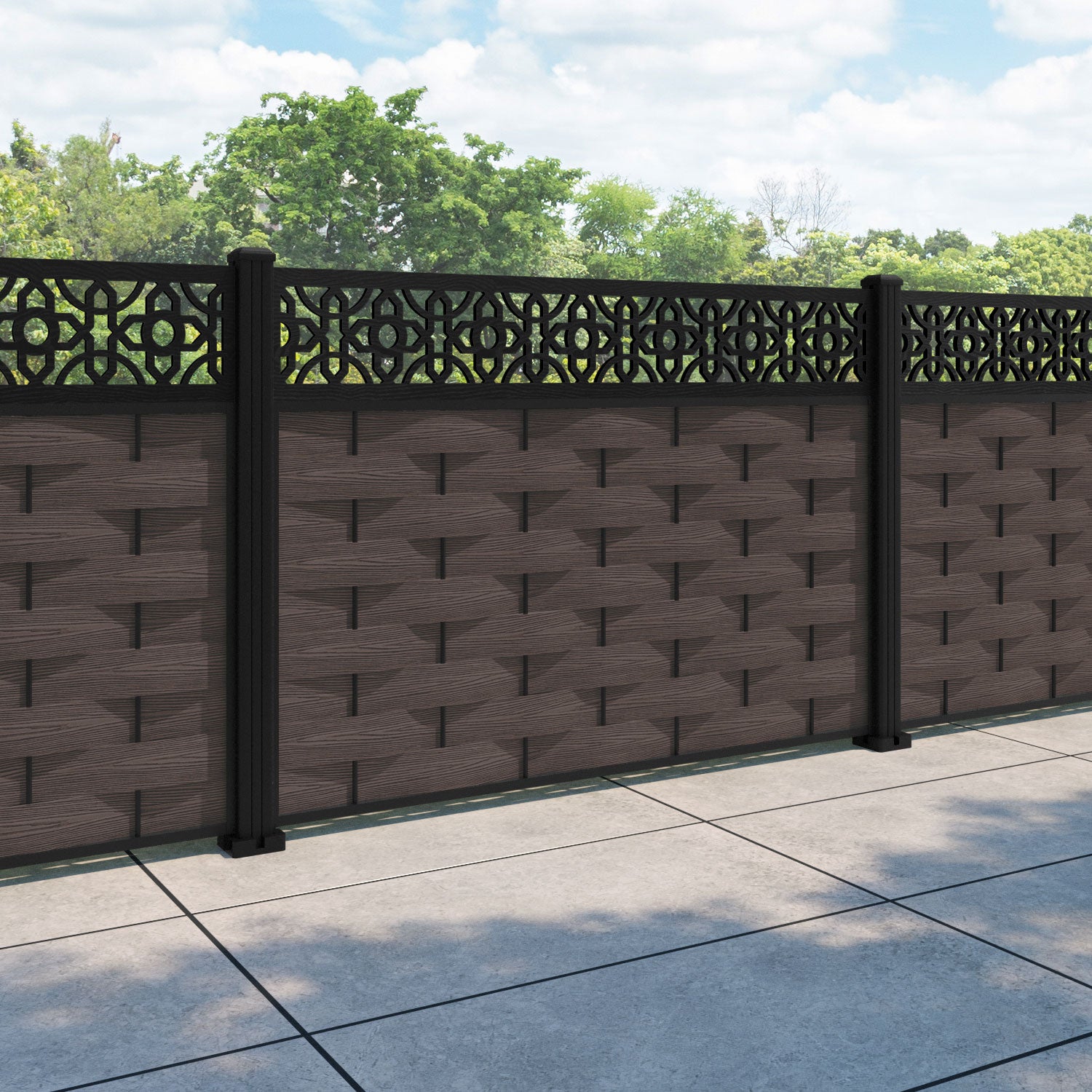 Ripple Nabila Fence Panel - Mid Brown - with our aluminium posts