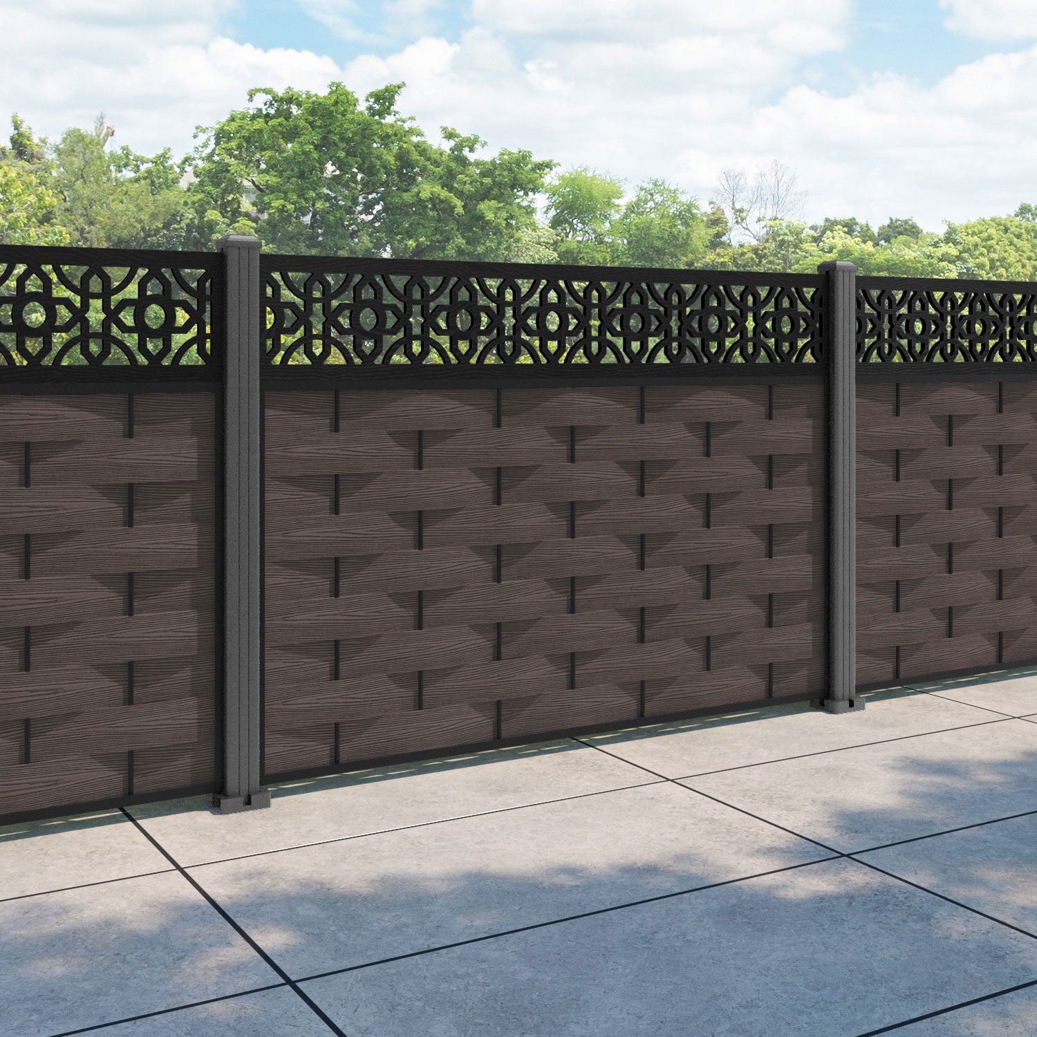 Ripple Nabila Fence Panel - Mid Brown - with our aluminium posts