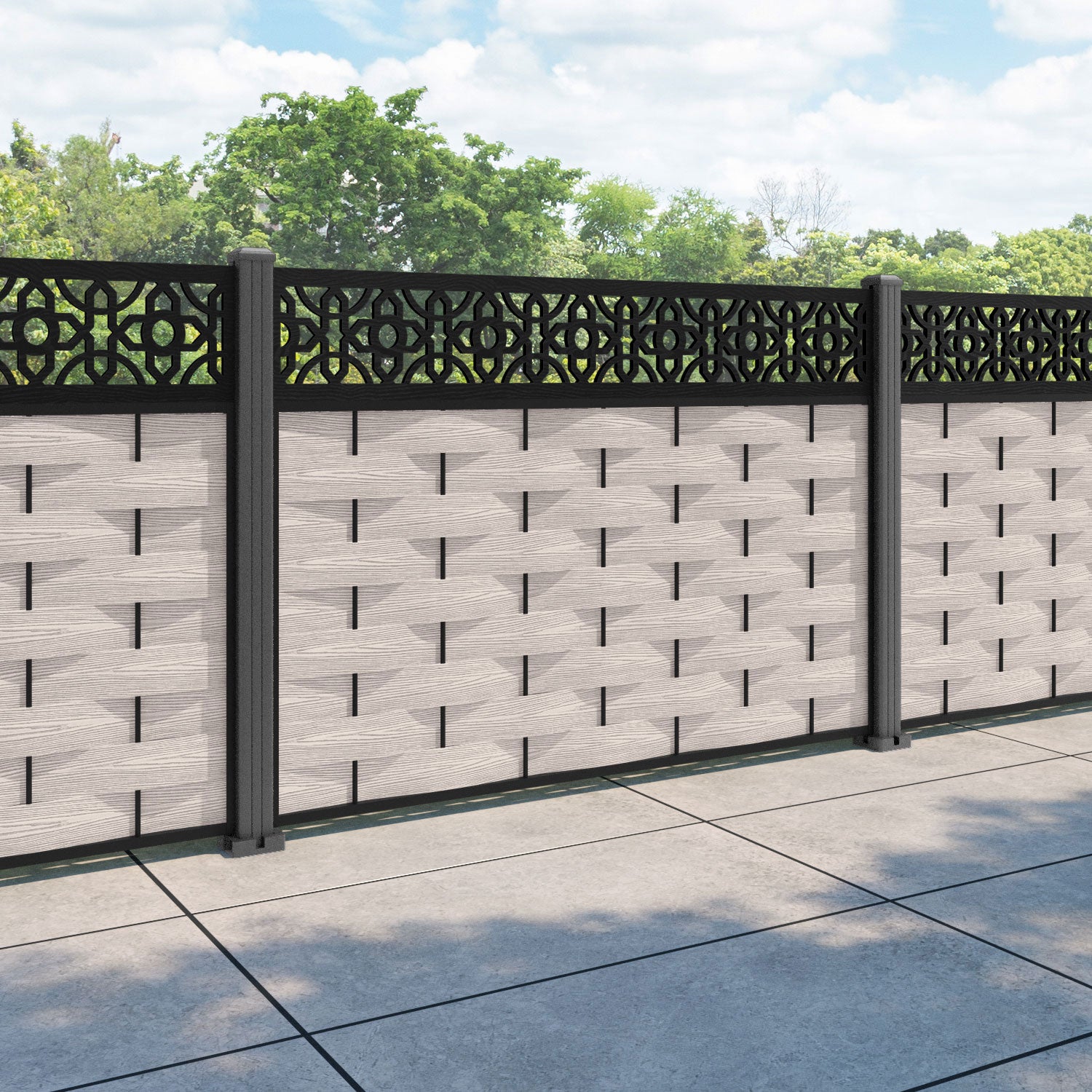 Ripple Nabila Fence Panel - Mid Stone - with our aluminium posts