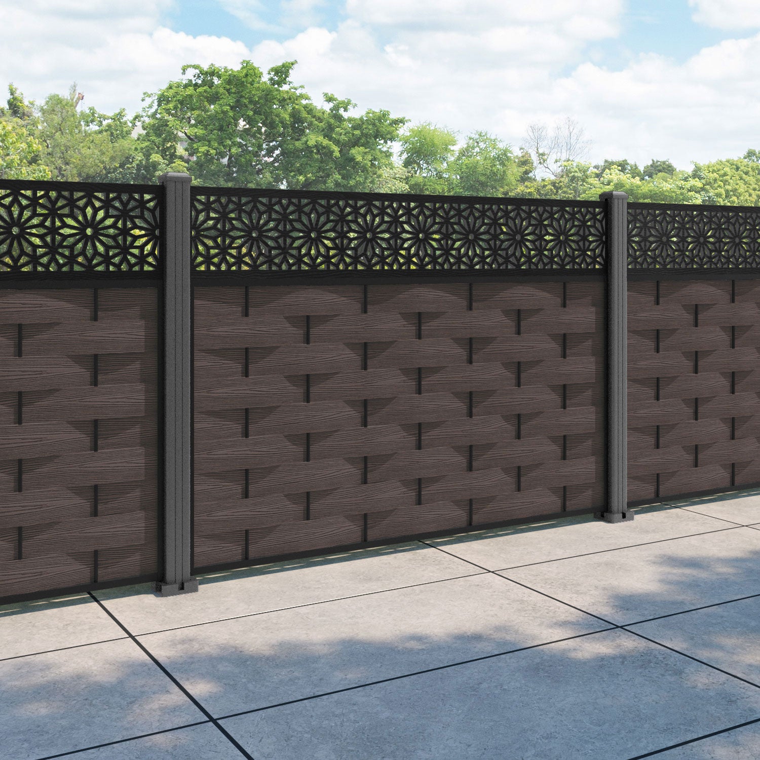 Ripple Narwa Fence Panel - Mid Brown - with our aluminium posts