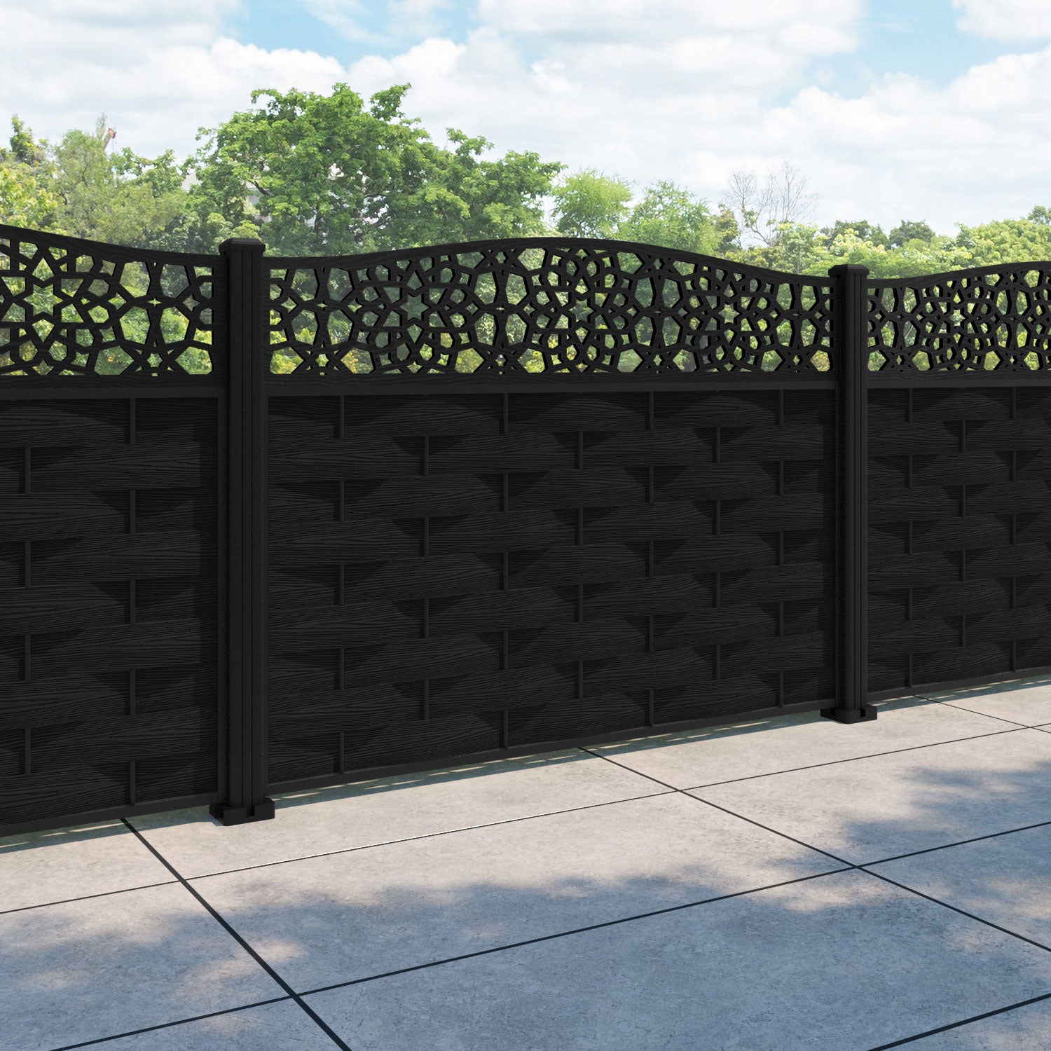 Ripple Nazira Curved Top Fence Panel - Black - with our aluminium posts