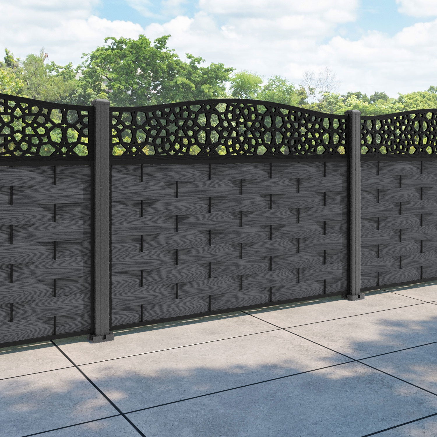 Ripple Nazira Curved Top Fence Panel - Dark Grey - with our aluminium posts