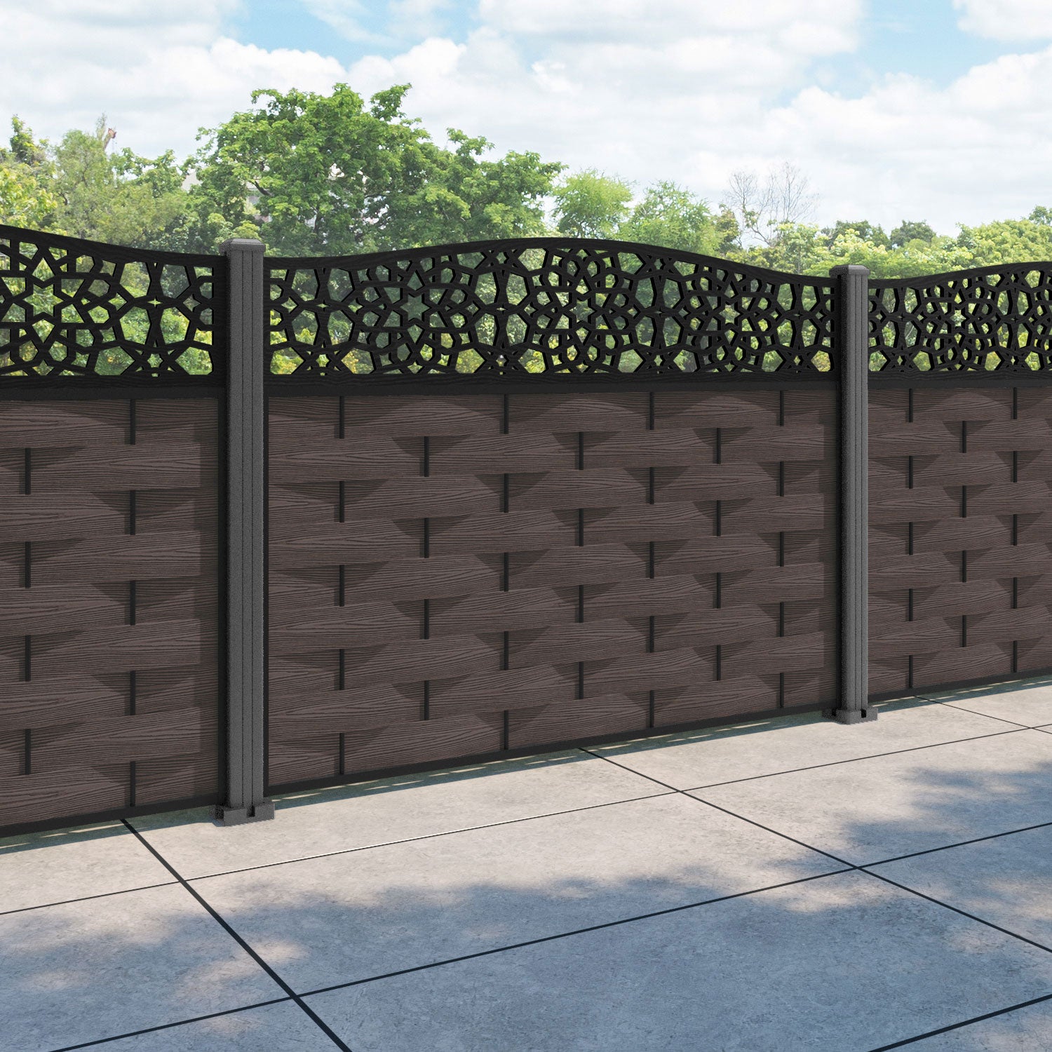 Ripple Nazira Curved Top Fence Panel - Mid Brown - with our aluminium posts