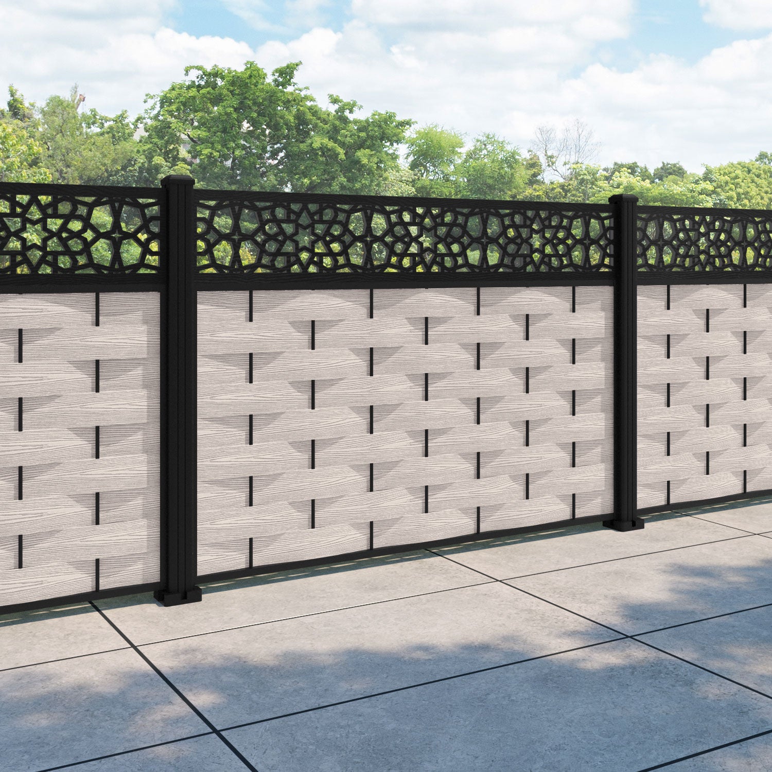 Ripple Nazira Fence Panel - Mid Stone - with our aluminium posts