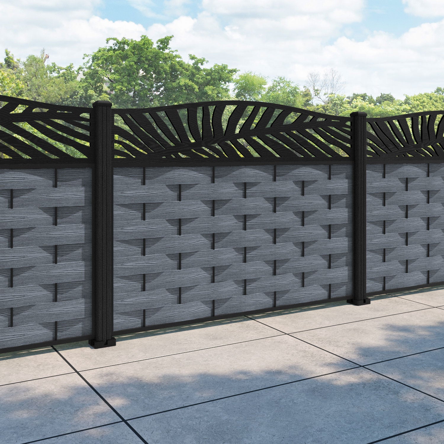 Ripple Palm Curved Top Fence Panel - Anthracite - with our composite posts