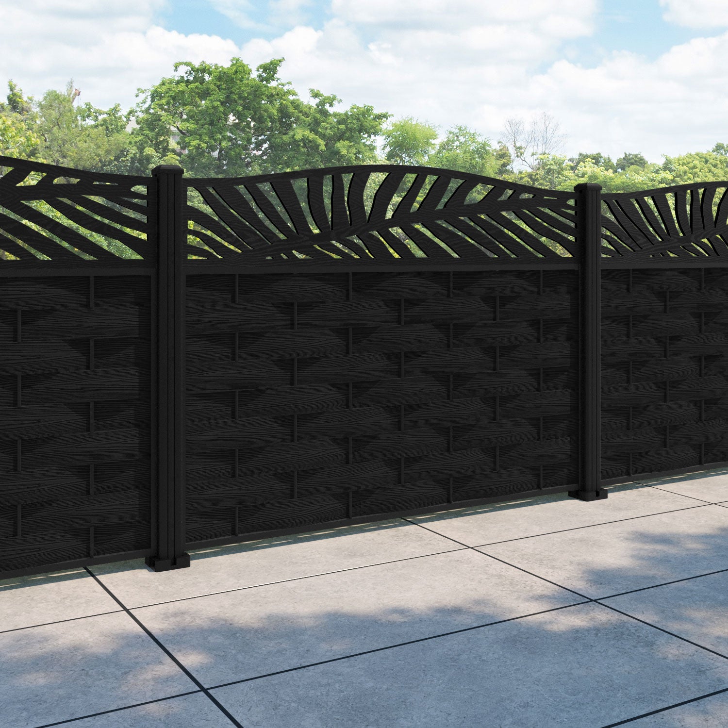 Ripple Palm Curved Top Fence Panel - Black - with our aluminium posts