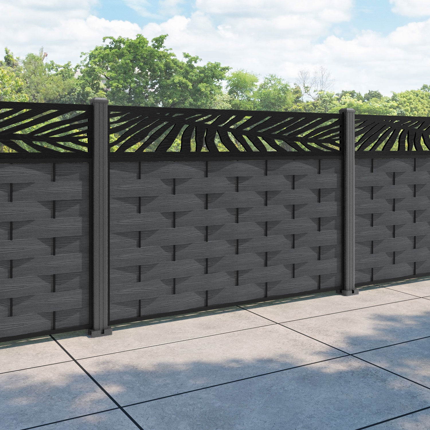 Ripple Palm Fence Panel - Dark Grey - with our aluminium posts