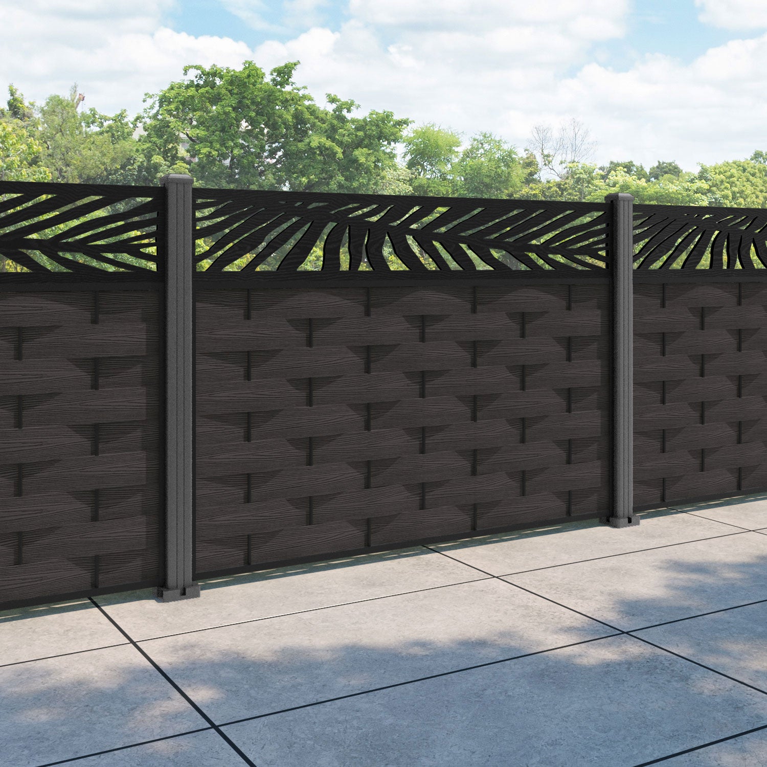 Ripple Palm Fence Panel - Dark Oak - with our aluminium posts