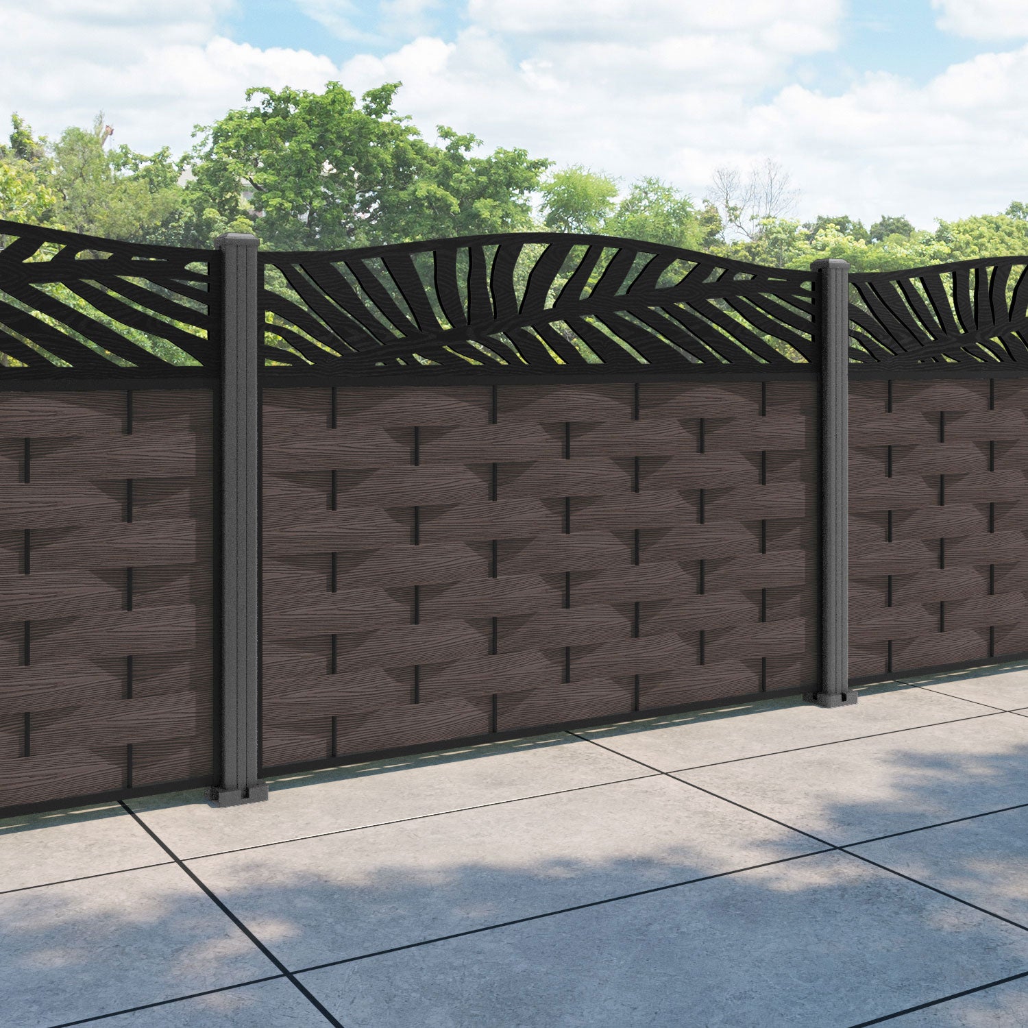 Ripple Palm Curved Top Fence Panel - Mid Brown - with our aluminium posts