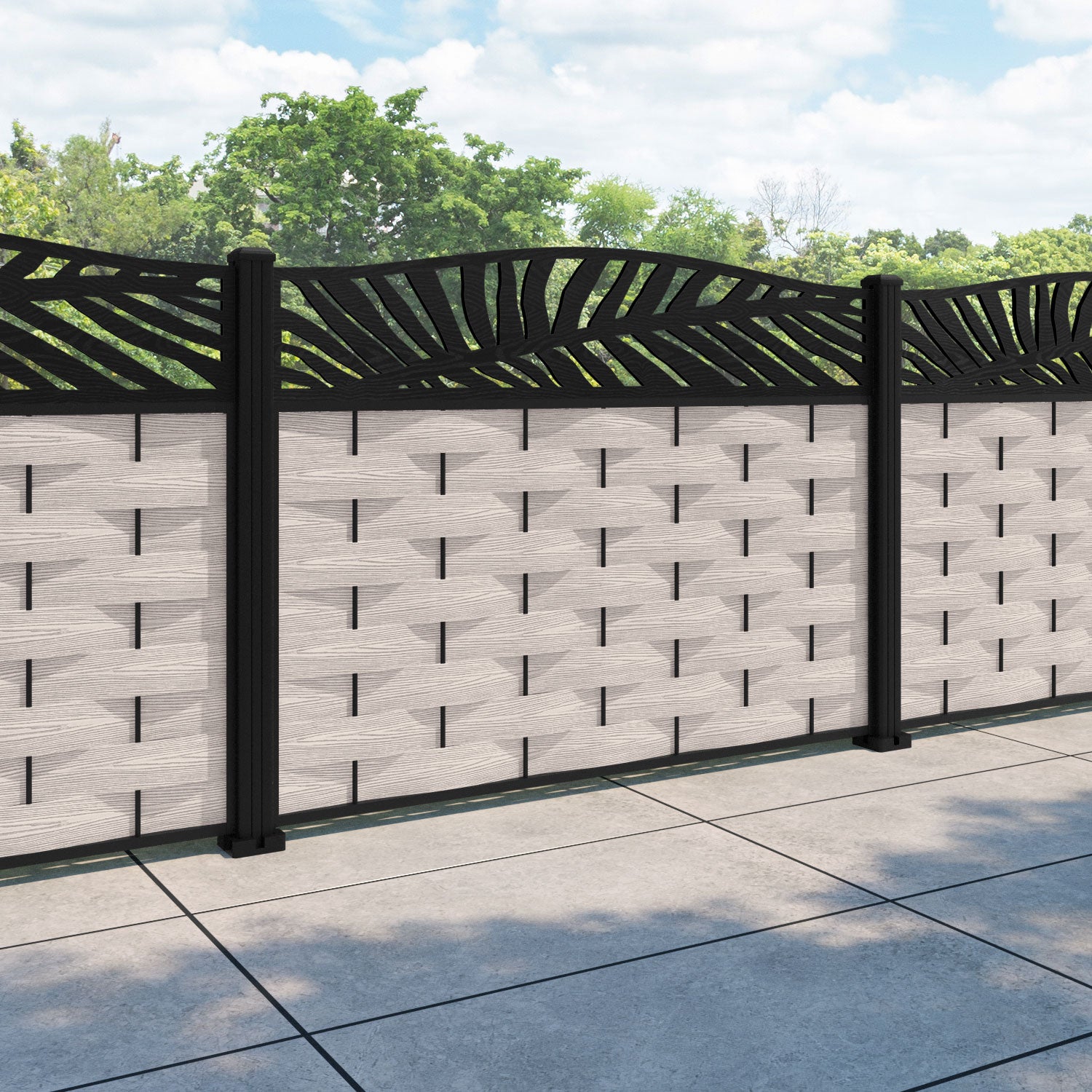 Ripple Palm Curved Top Fence Panel - Mid Stone - with our aluminium posts