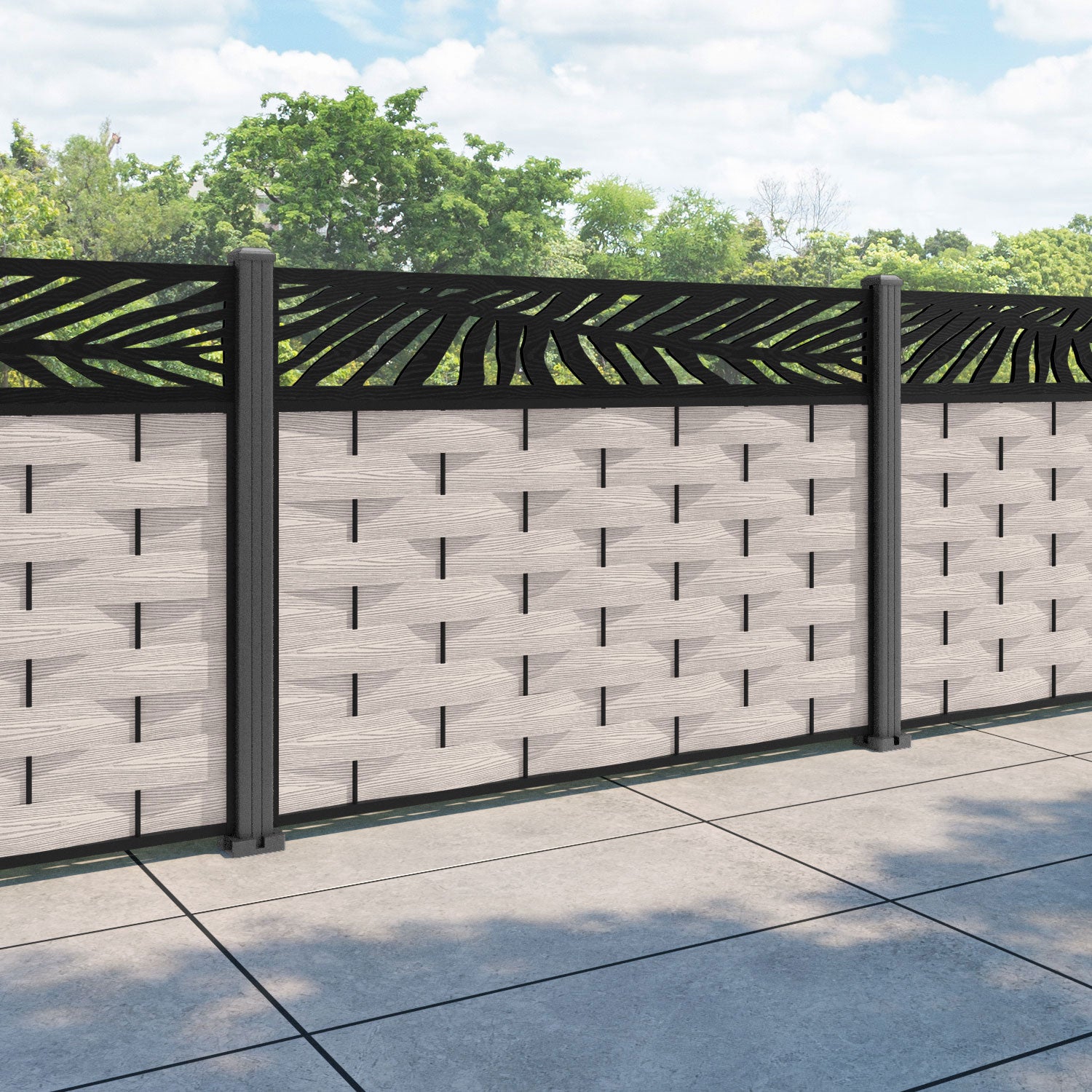 Ripple Palm Fence Panel - Mid Stone - with our aluminium posts