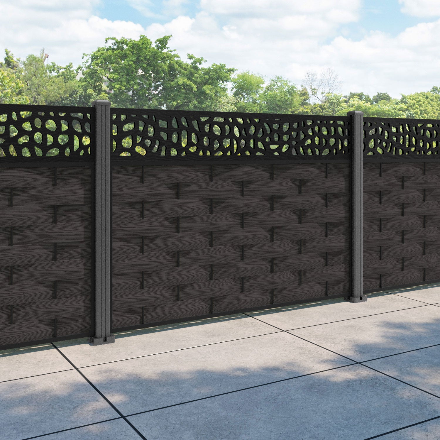 Ripple Pebble Fence Panel - Dark Oak - with our aluminium posts