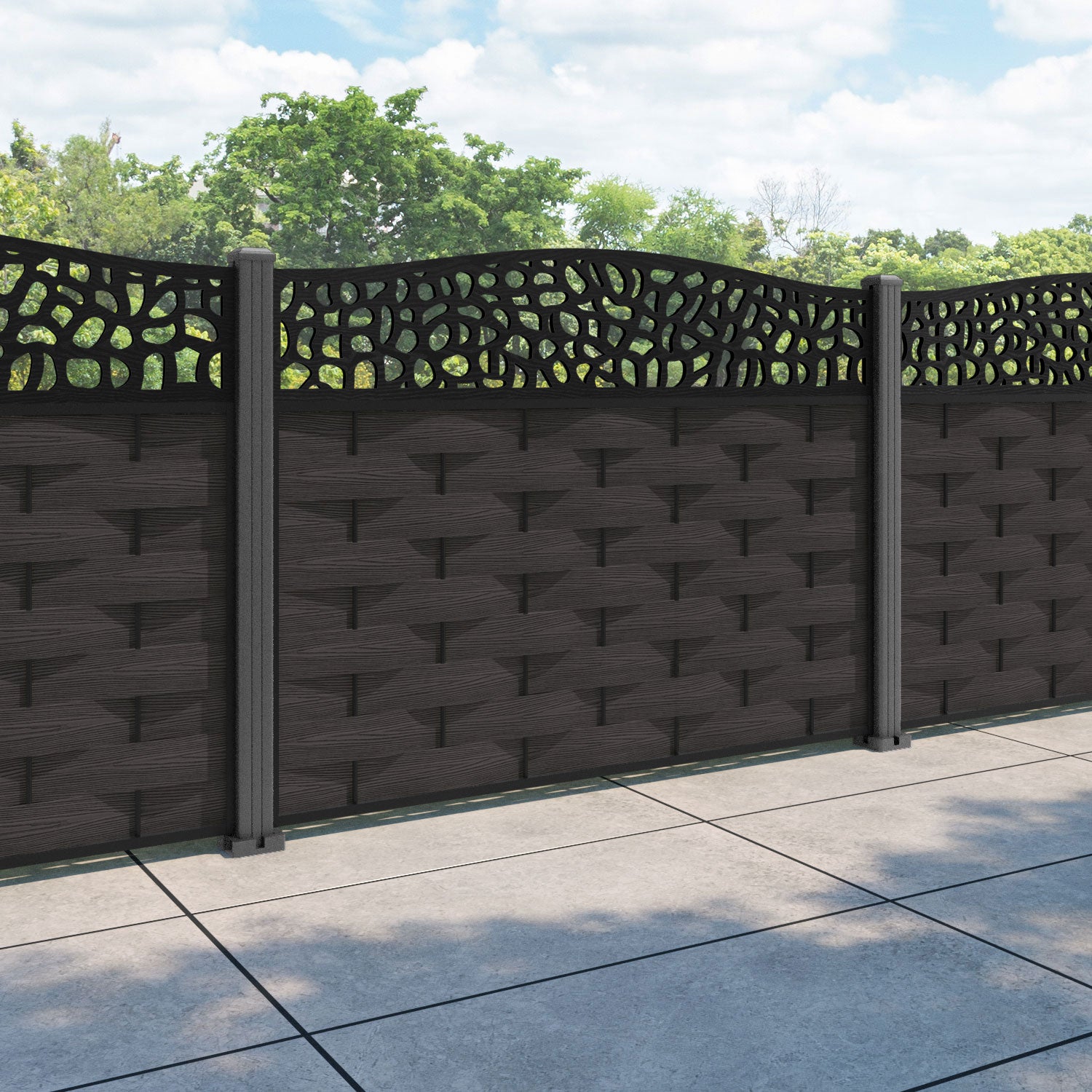 Ripple Pebble Curved Top Fence Panel - Dark Oak - with our aluminium posts