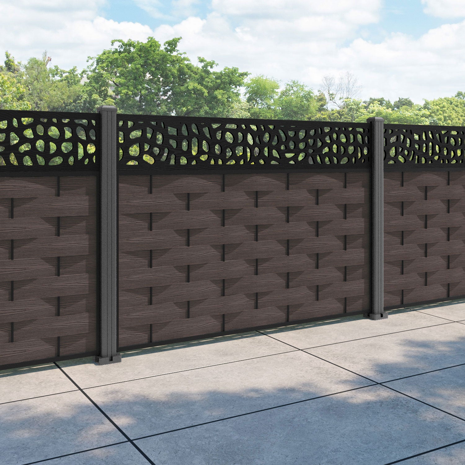 Ripple Pebble Fence Panel - Mid Brown - with our aluminium posts