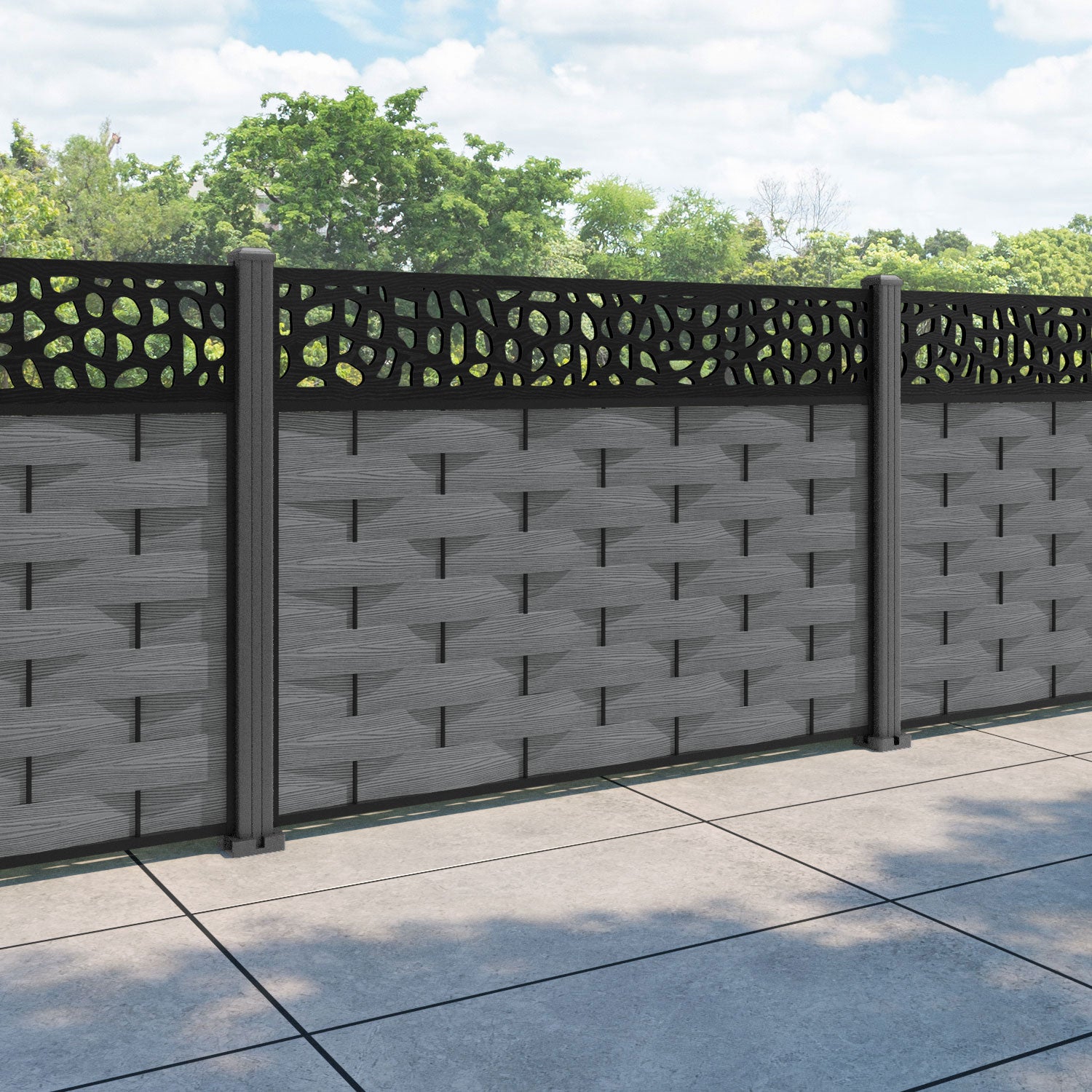 Ripple Pebble Fence Panel - Mid Grey - with our aluminium posts