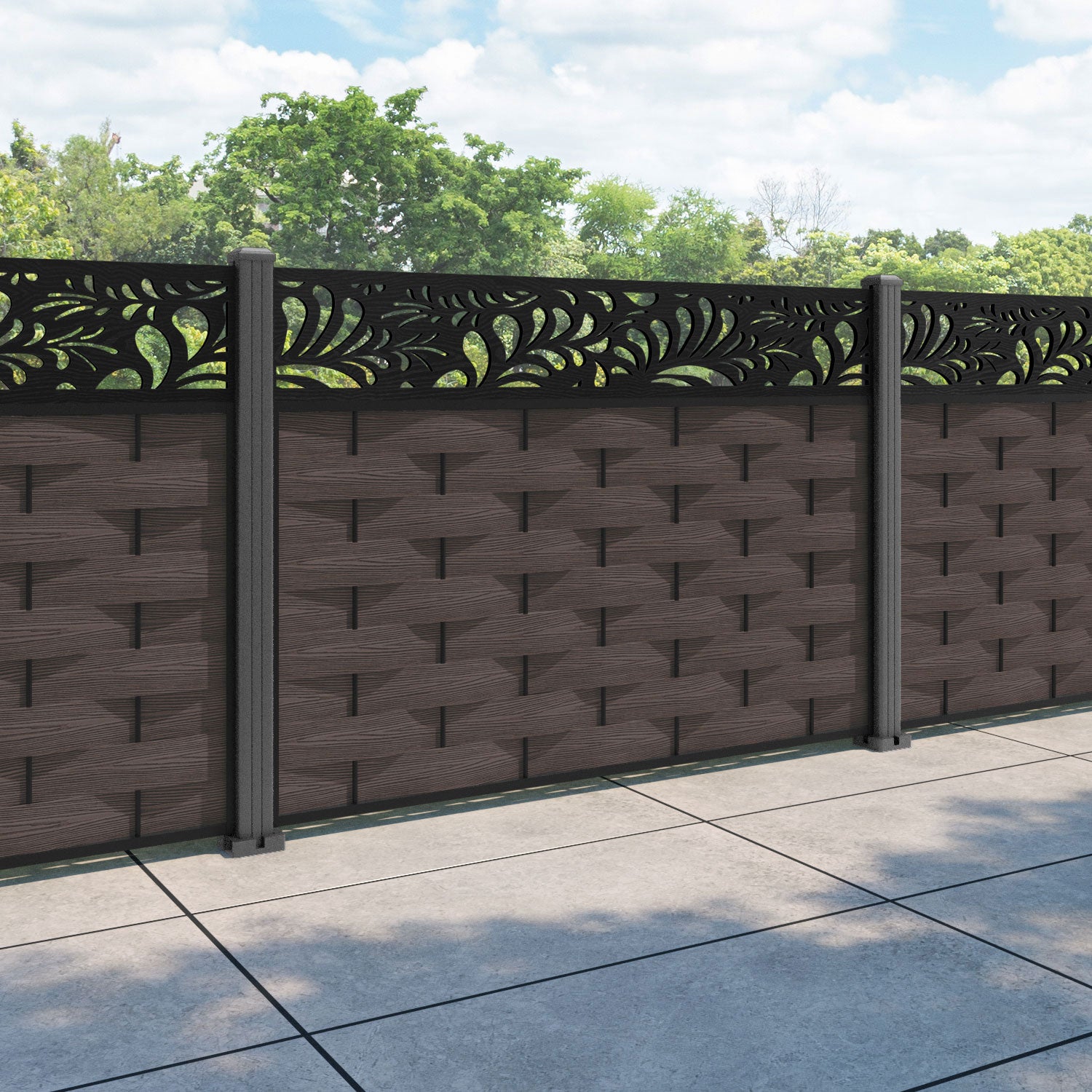 Ripple Petal Fence Panel - Mid Brown - with our aluminium posts