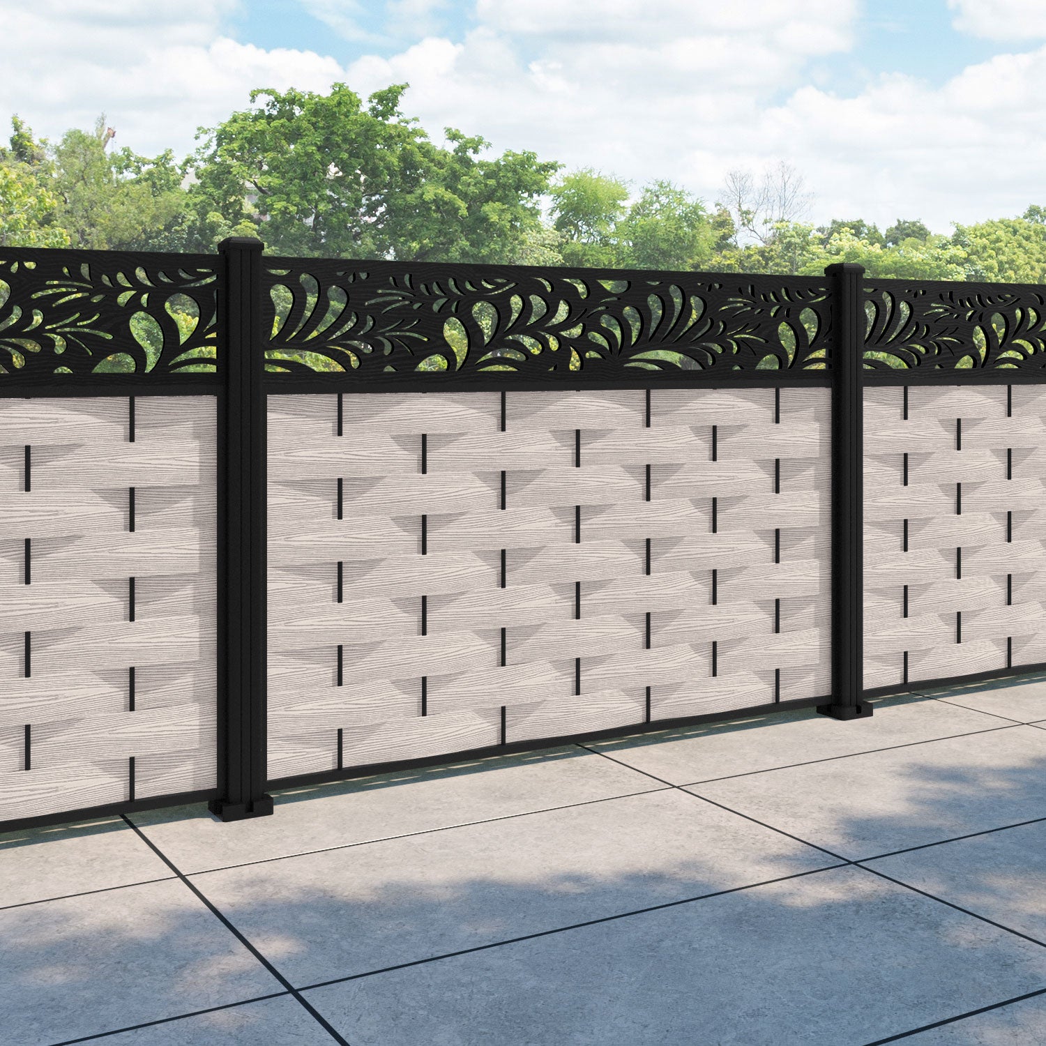 Ripple Petal Fence Panel - Mid Stone - with our aluminium posts
