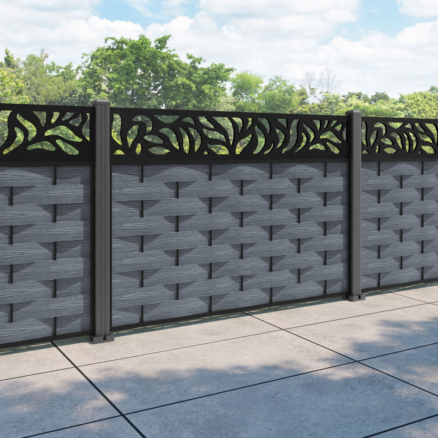 Ripple Plume Fence Panel - Anthracite - with our aluminium posts