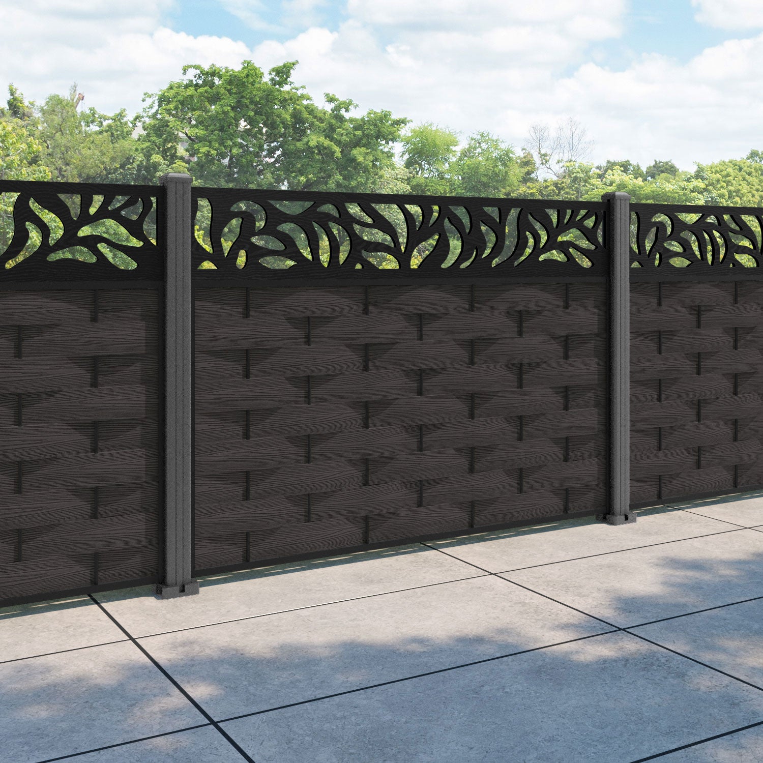 Ripple Plume Fence Panel - Dark Oak - with our aluminium posts