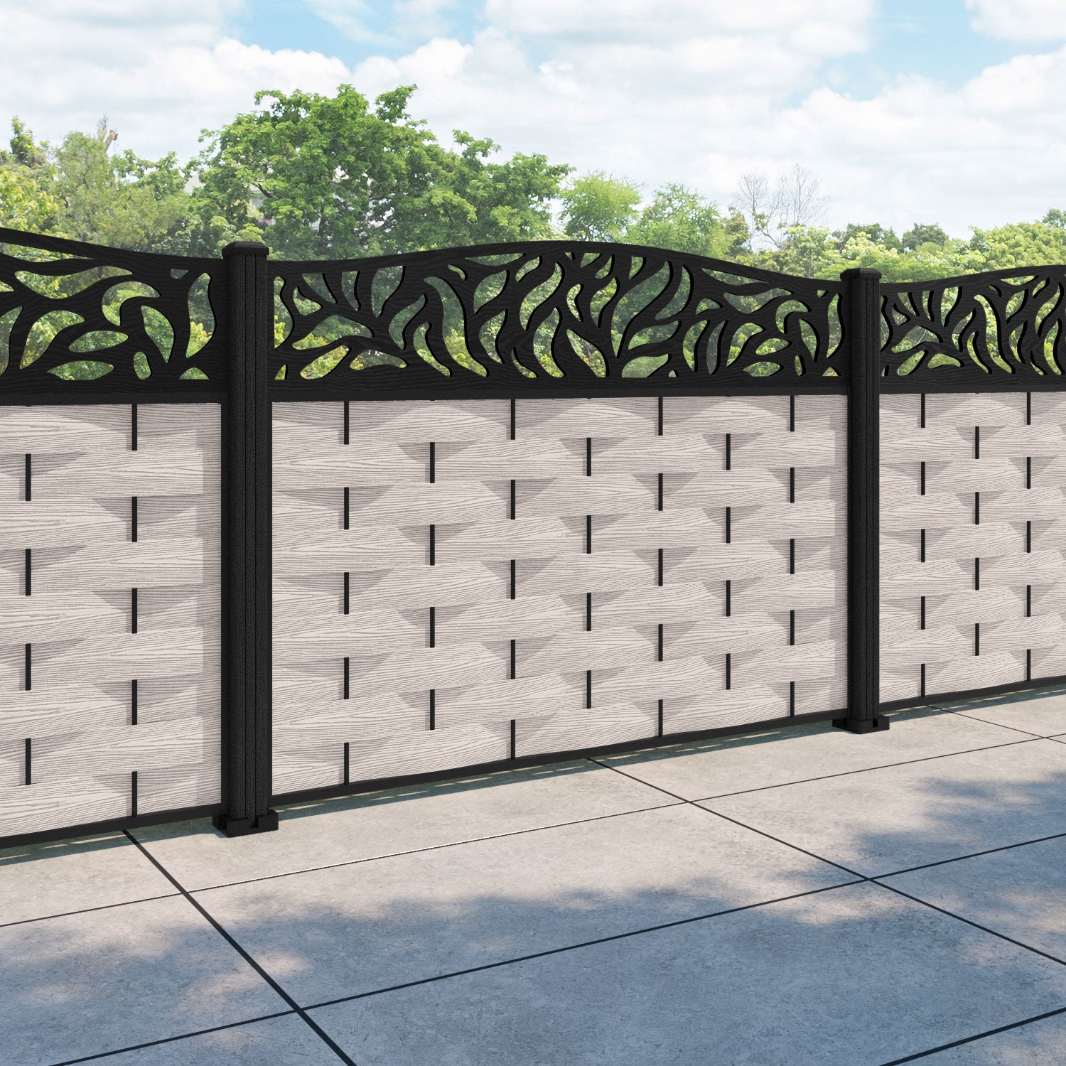 Ripple Plume Curved Top Fence Panel - Mid Stone - with our composite posts