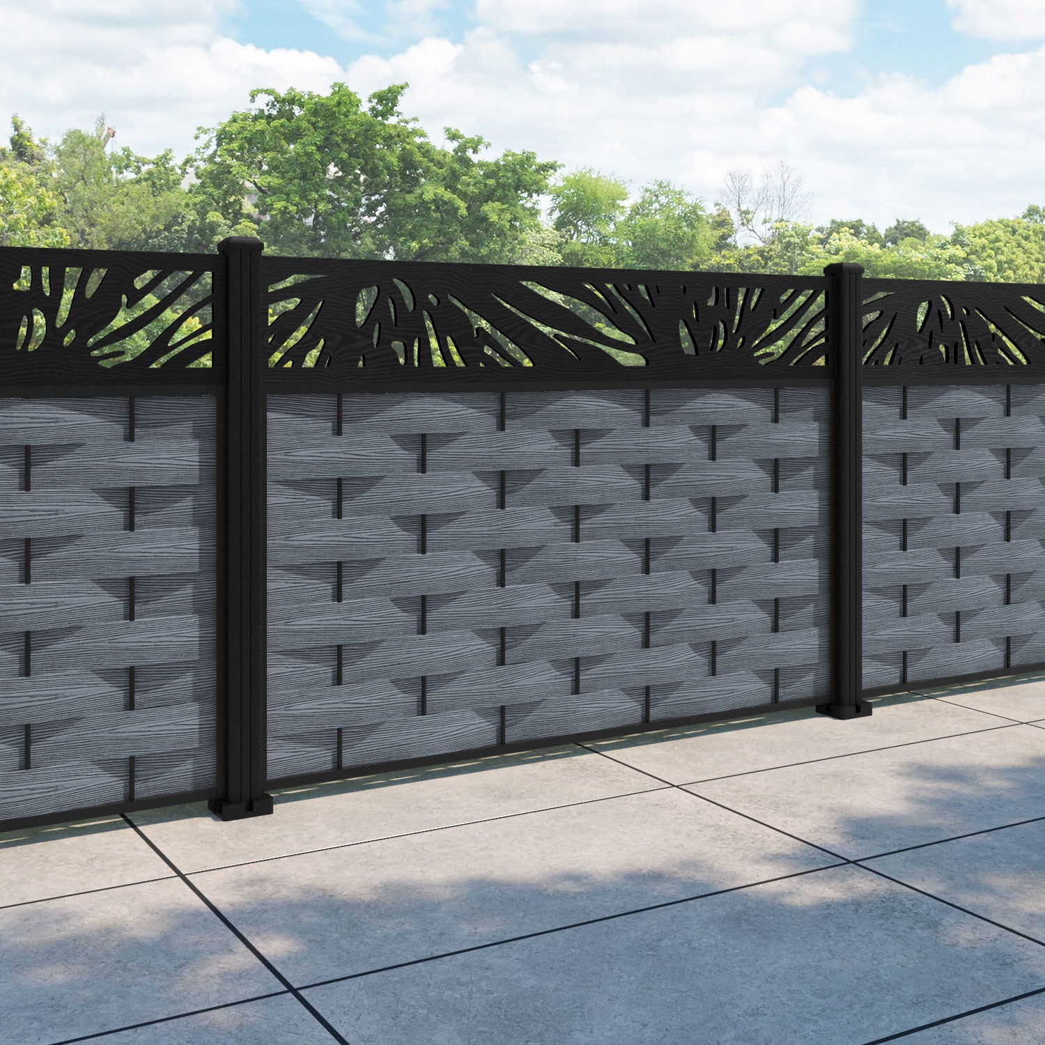Ripple Poppy Fence Panel - Anthracite - with our aluminium posts