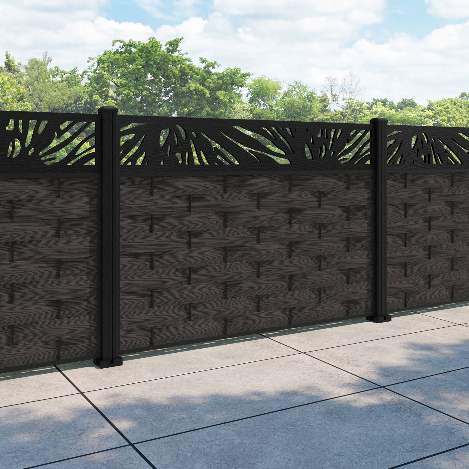 Ripple Poppy Fence Panel - Dark Oak - with our aluminium posts