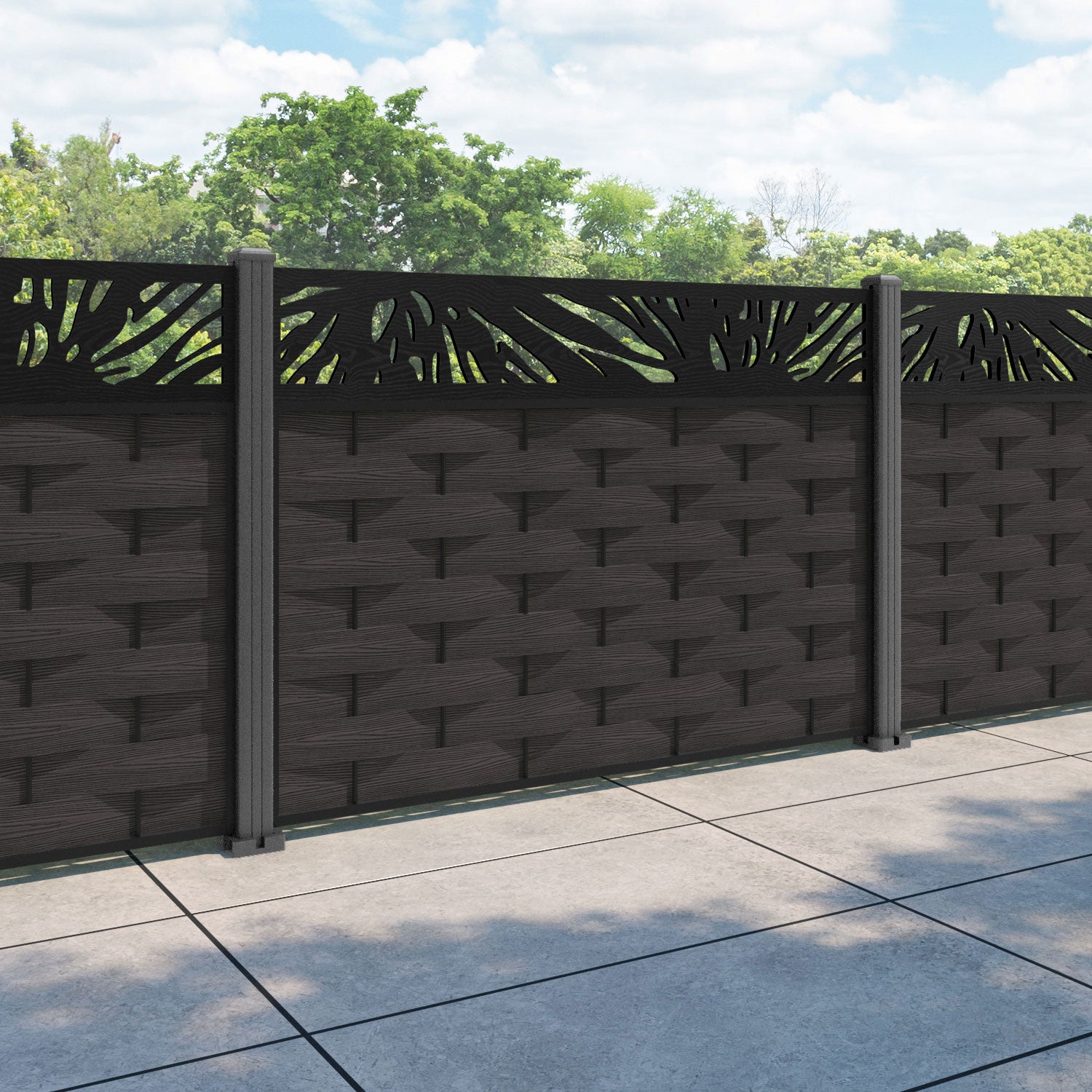 Ripple Poppy Fence Panel - Dark Oak - with our aluminium posts
